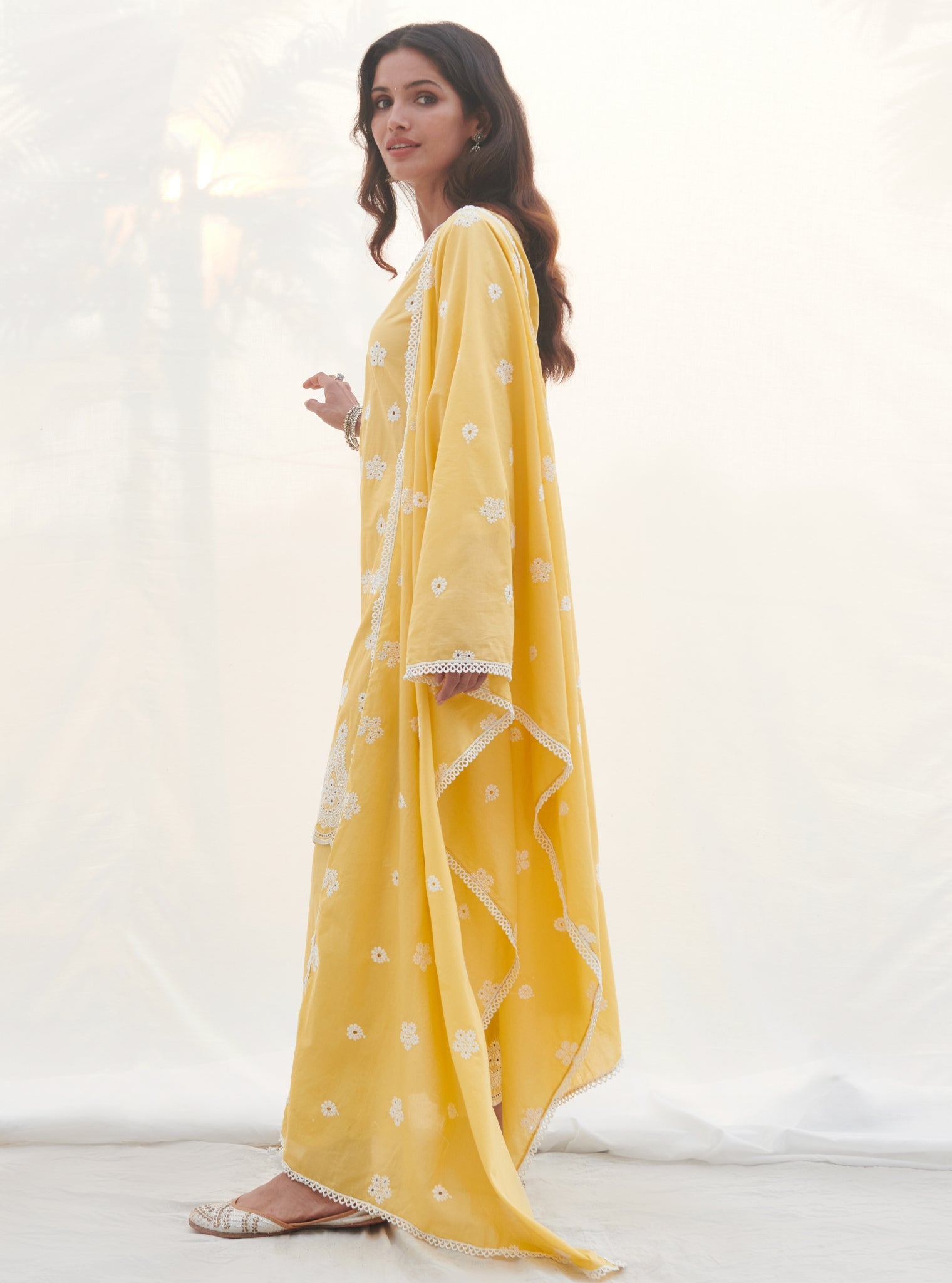 Mulmul Cotton Calvim Yellow Kurta With Mulmul Cotton Calvim Yellow Pant