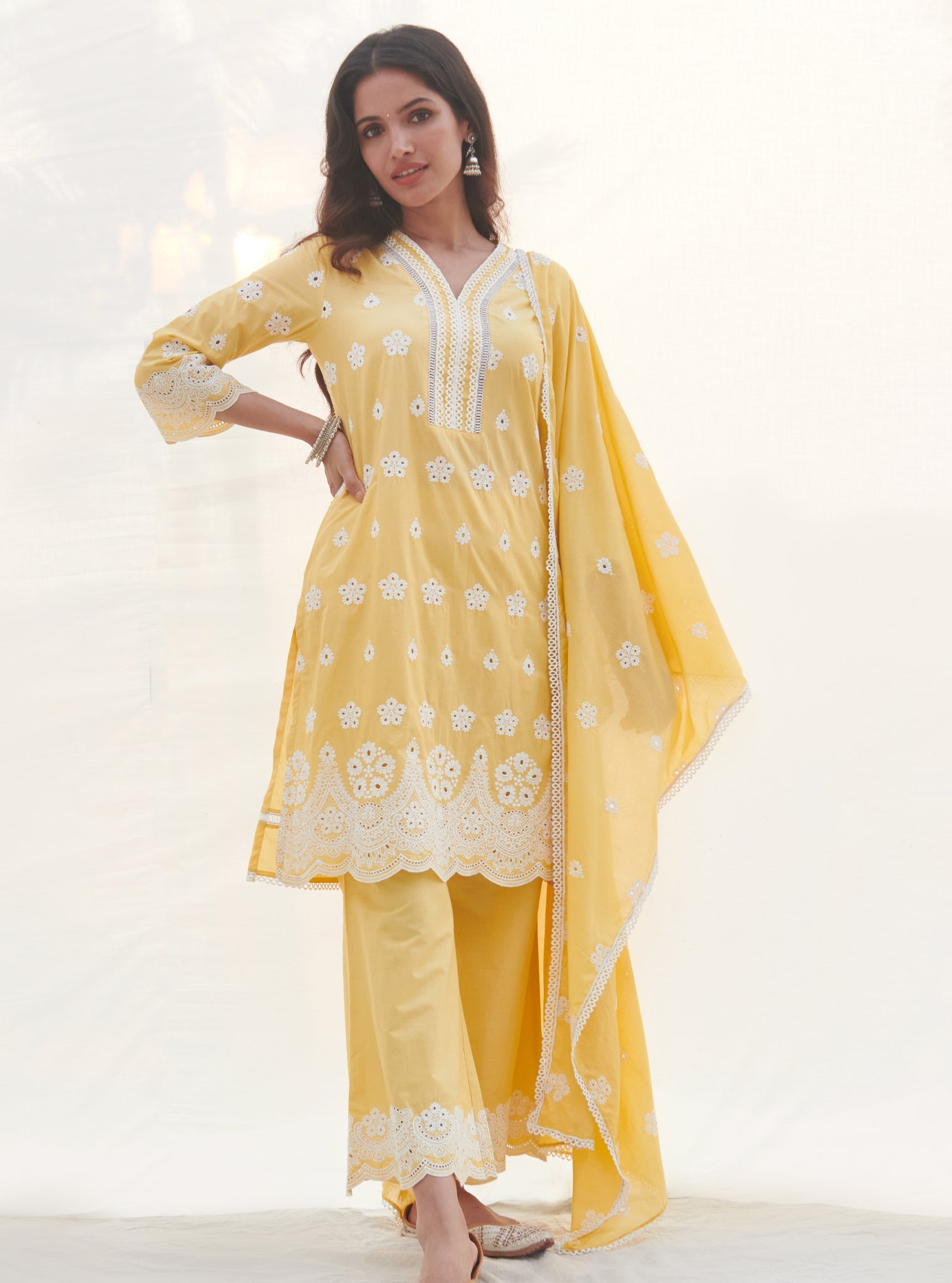 Mulmul Cotton Calvim Yellow Kurta With Mulmul Cotton Calvim Yellow Pant