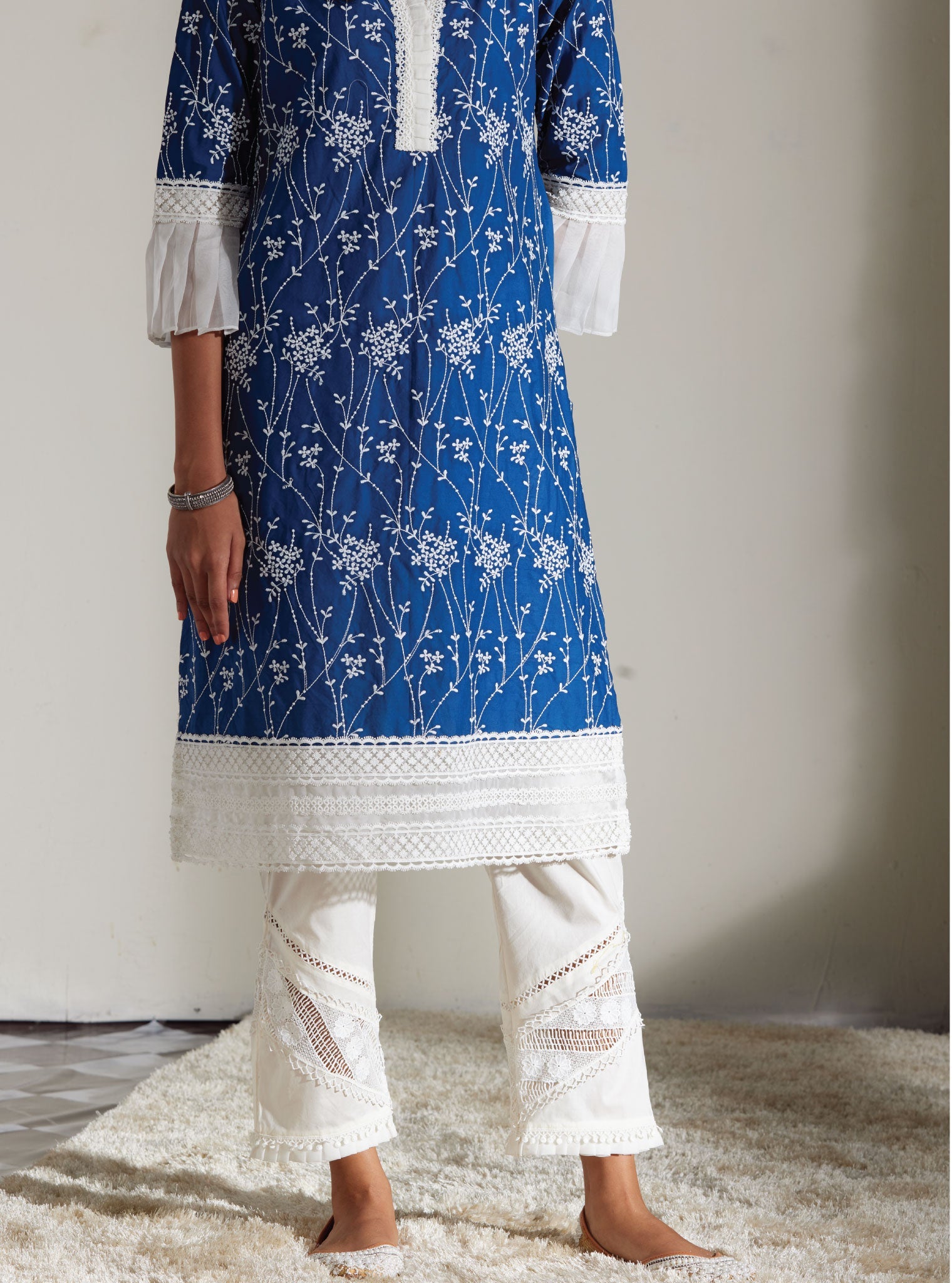 Mulmul Cotton Diagonal Lace White Pant