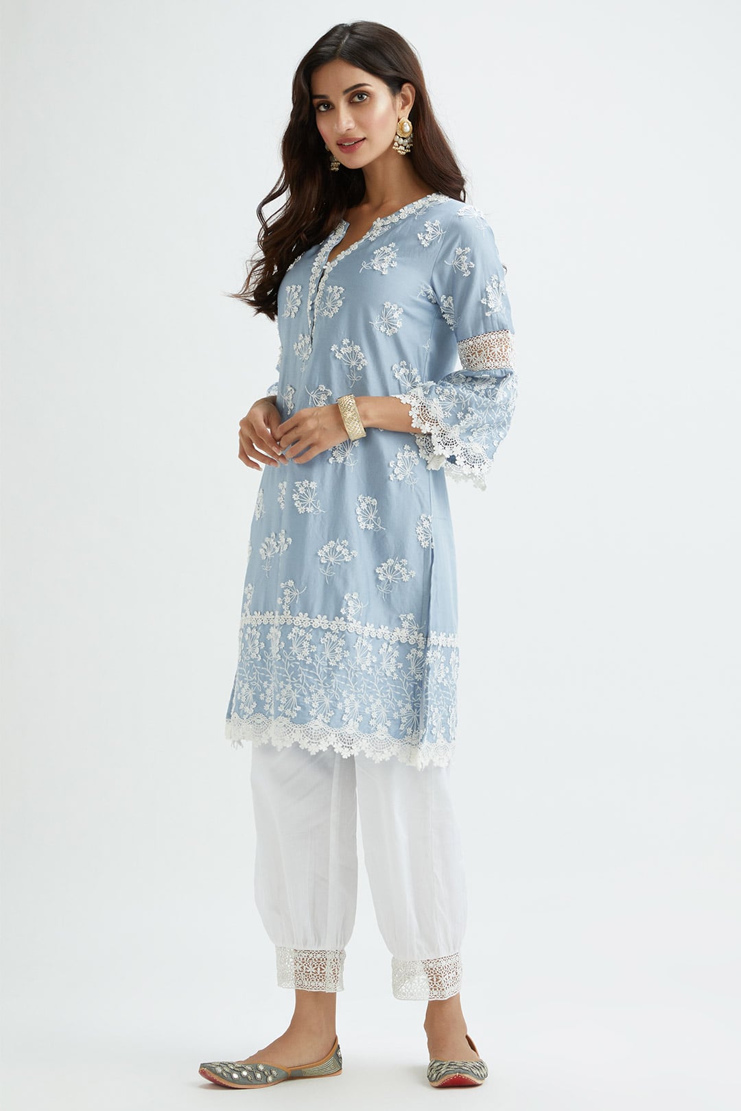 Mulmul Supima satin Celo Blue Kurta With Lax Blue Harem Pant