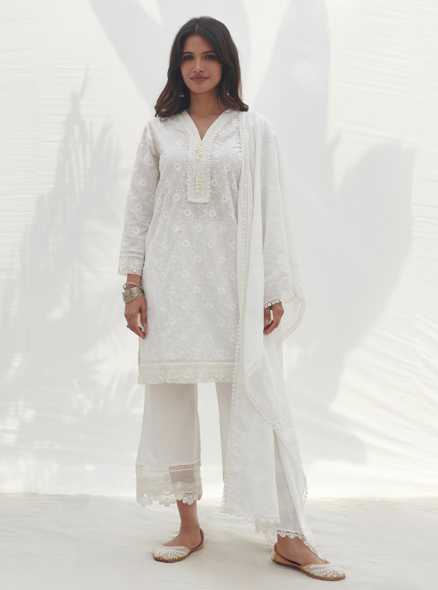 Mulmul Cotton Codli White Kurta With Mulmul Cotton Floral Lace Flared White Pant