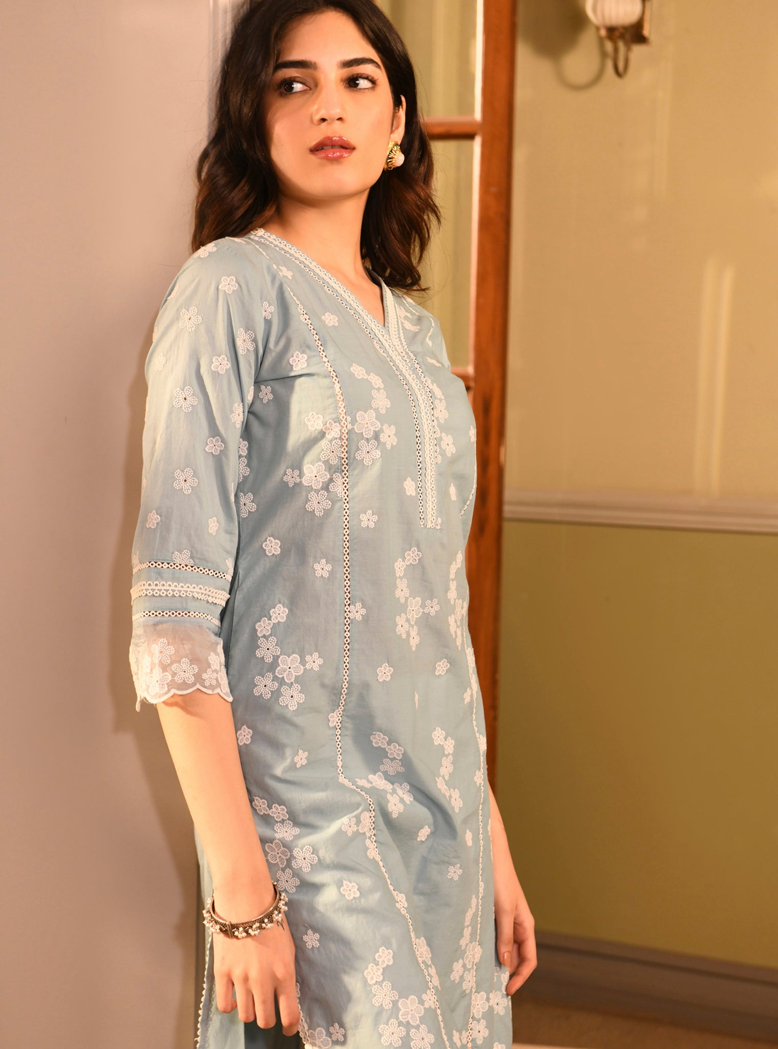 Mulmul Cotton Malisa Light Blue Kurta