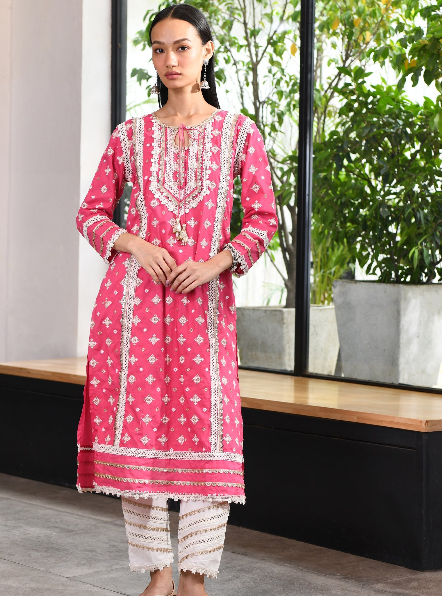 Mulmul Cotton Corey Fuchsia Kurta With Mulmul Cotton Golden Sequins Gota White Pant