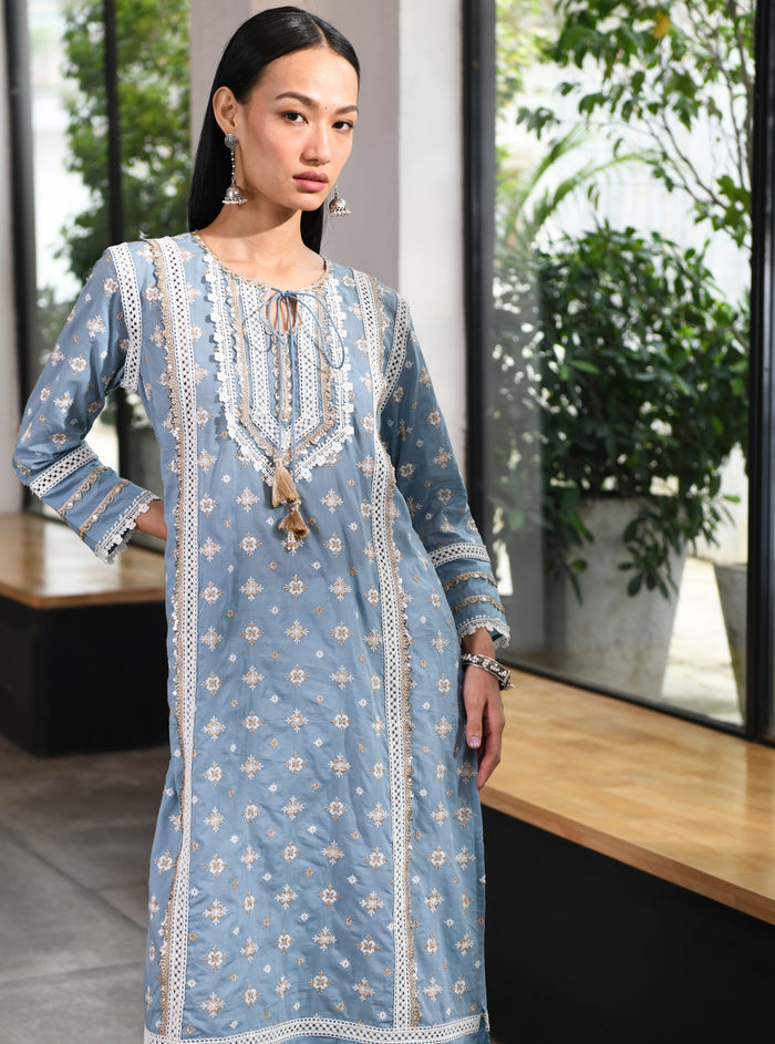 Mulmul Cotton Corey Kurta Teal