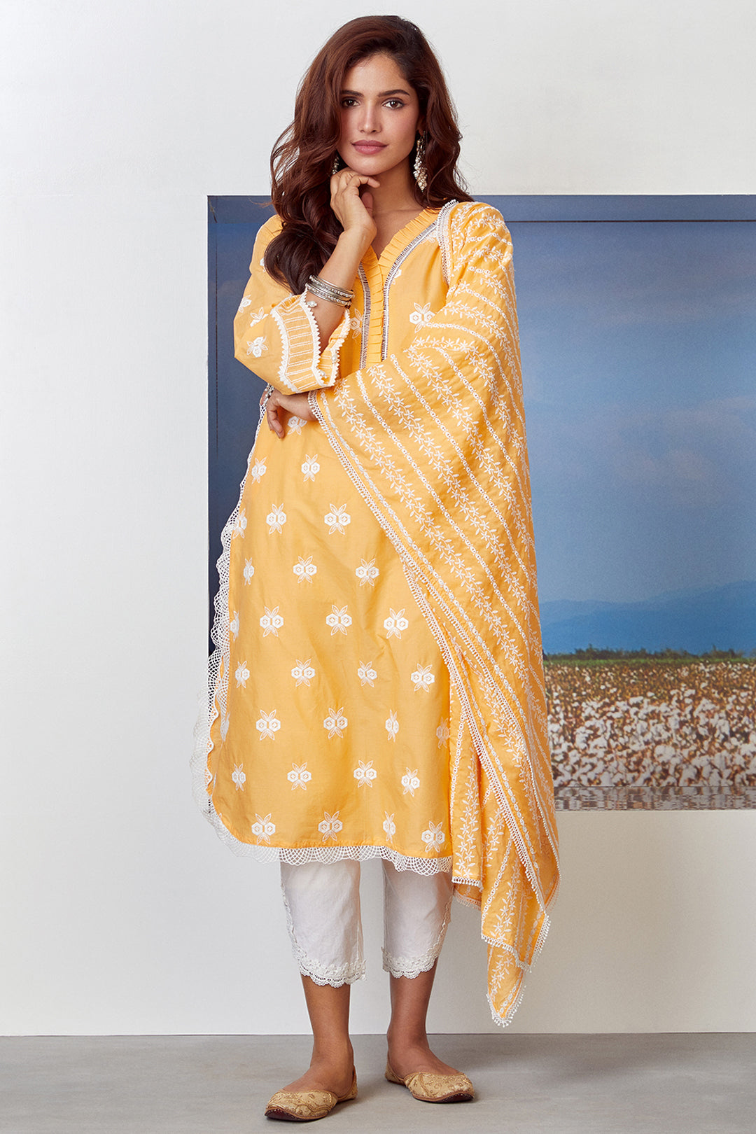 Mulmul Cotton Dawn Orange Kurta With Rounded Hem White Pyajama