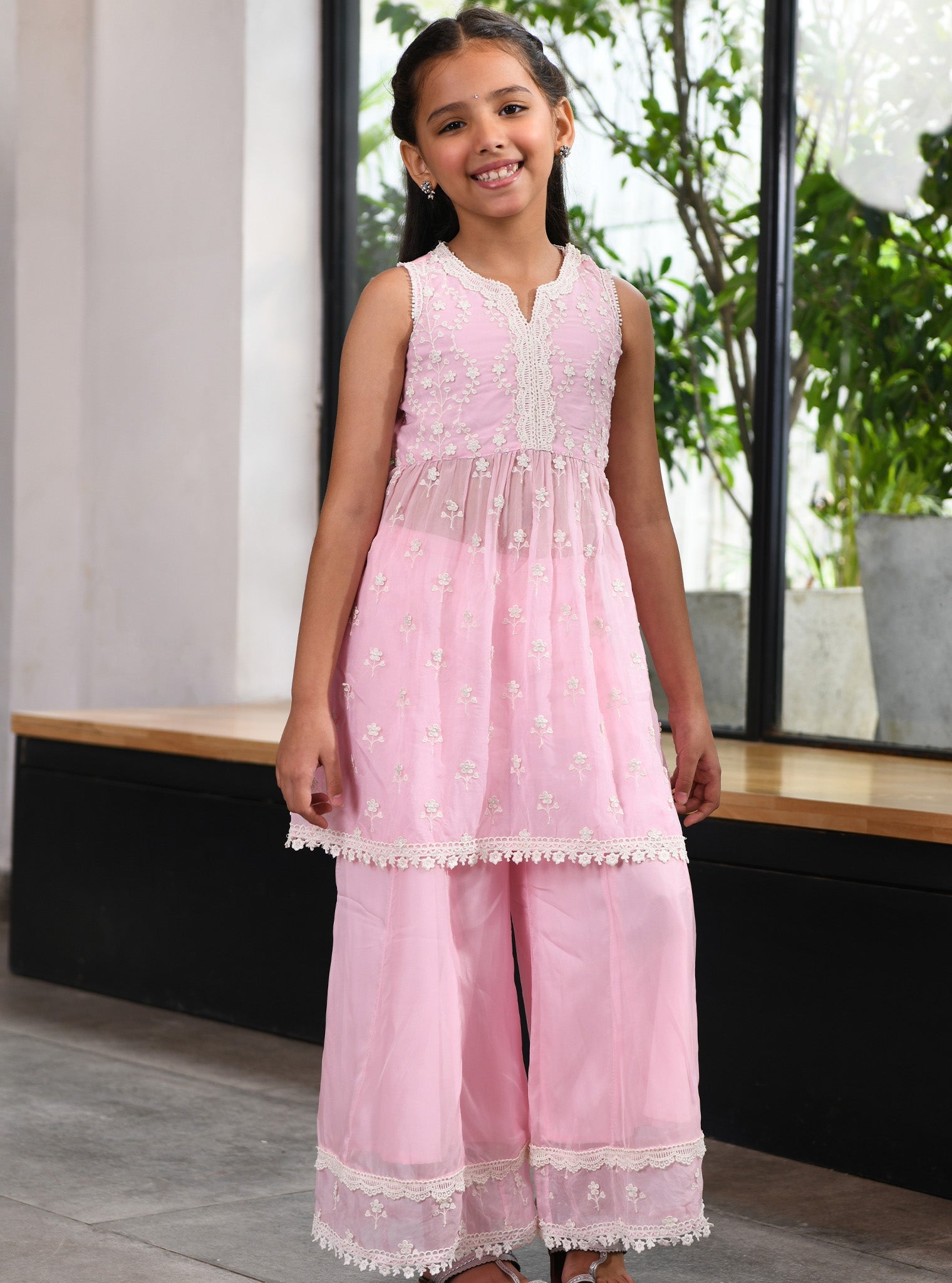 Mulmul Organza Destiny Pink Kurta With Destiny Pink Sharara