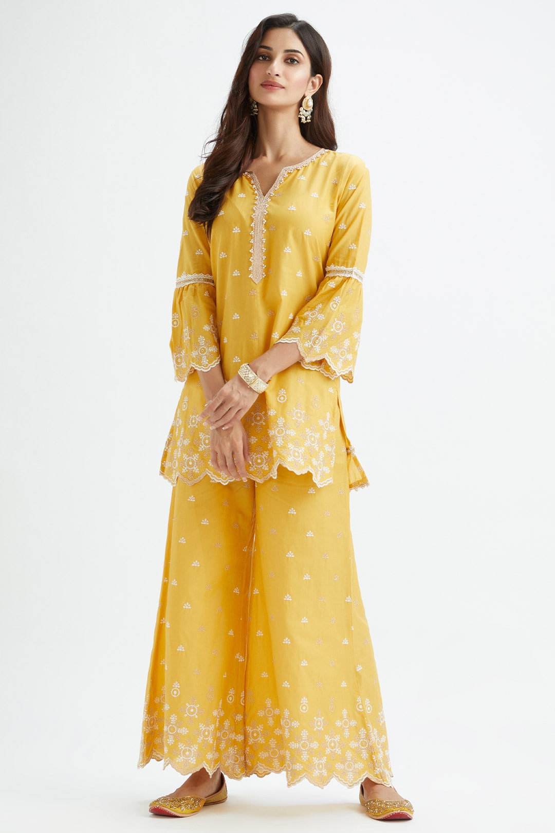 Mulmul Cotton Dove Yellow Kurta With Dove Yellow Sharara