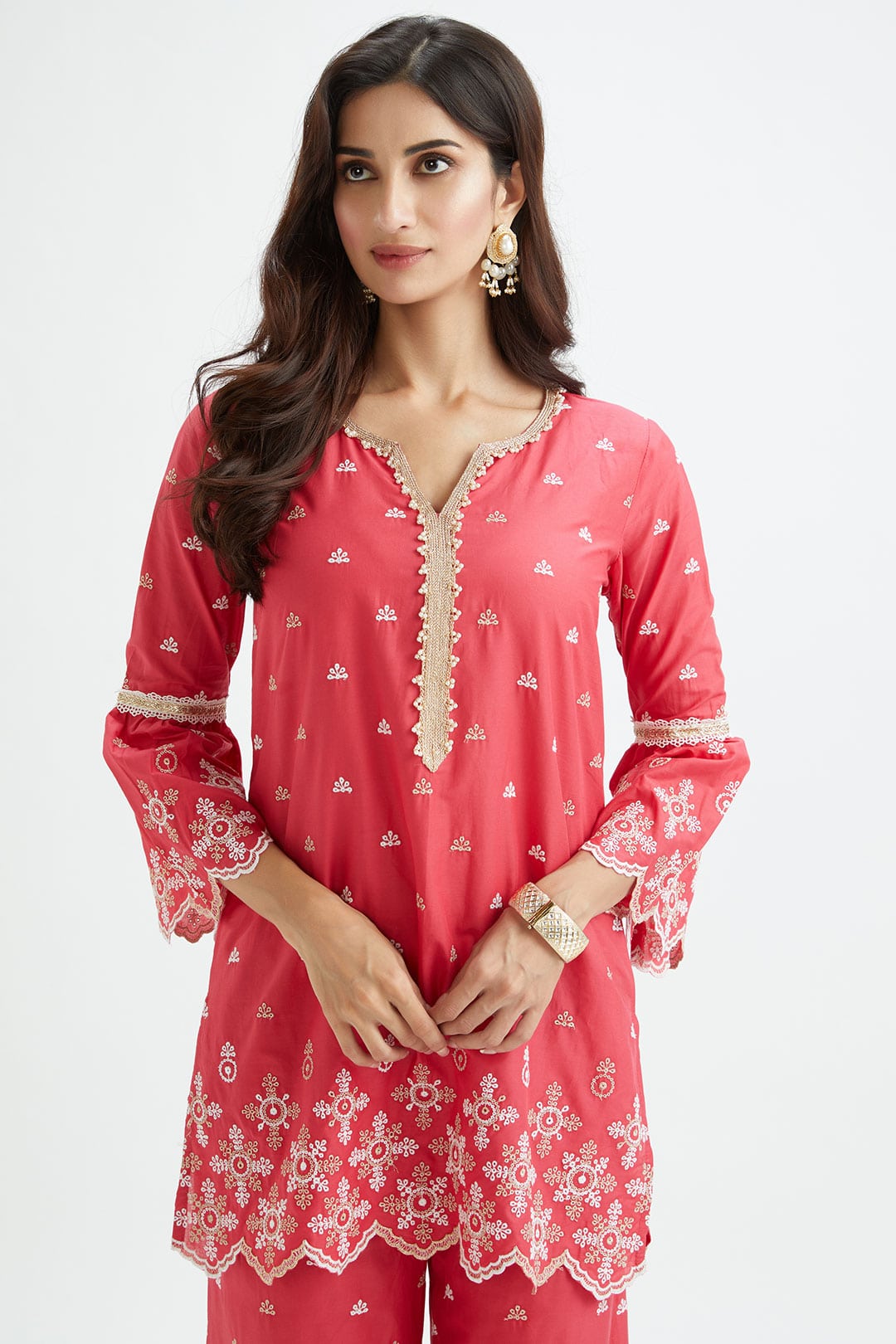 Mulmul Cotton Dove Red Kurta With Dove Red Sharara