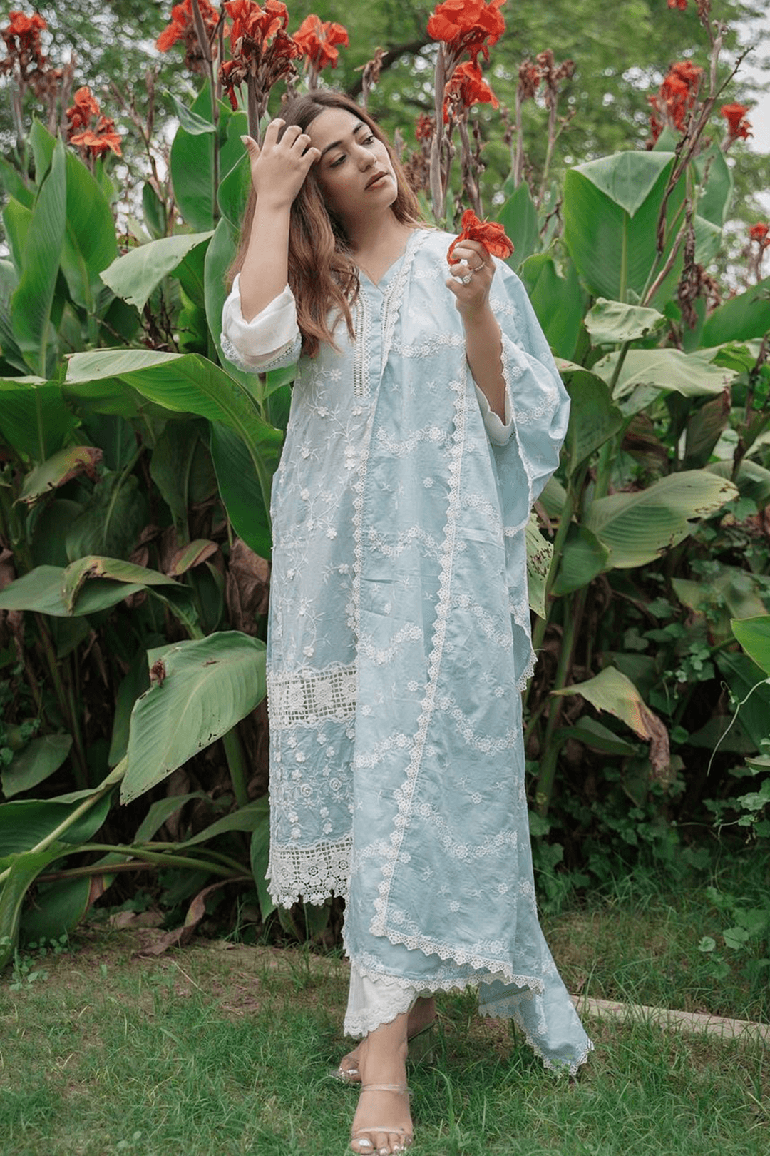 Mulmul Cotton Echo Light Blue Kurta With Sage Pant White