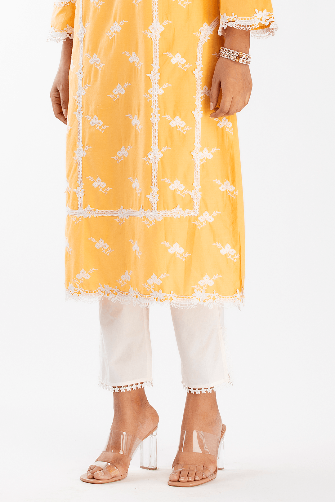 Mulmul Cotton Eternity Orange Kurta With Slit Pant White