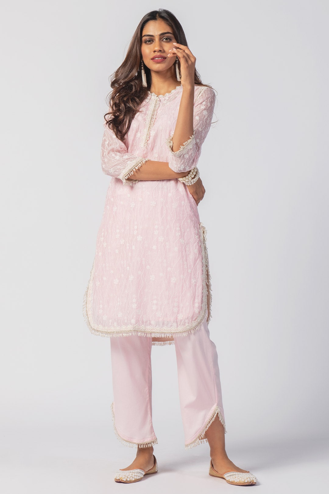 Mulmul Tencel Luxe Organza Freya Pink Kurta With Supima Cotton freya Round Hem Pink Pant