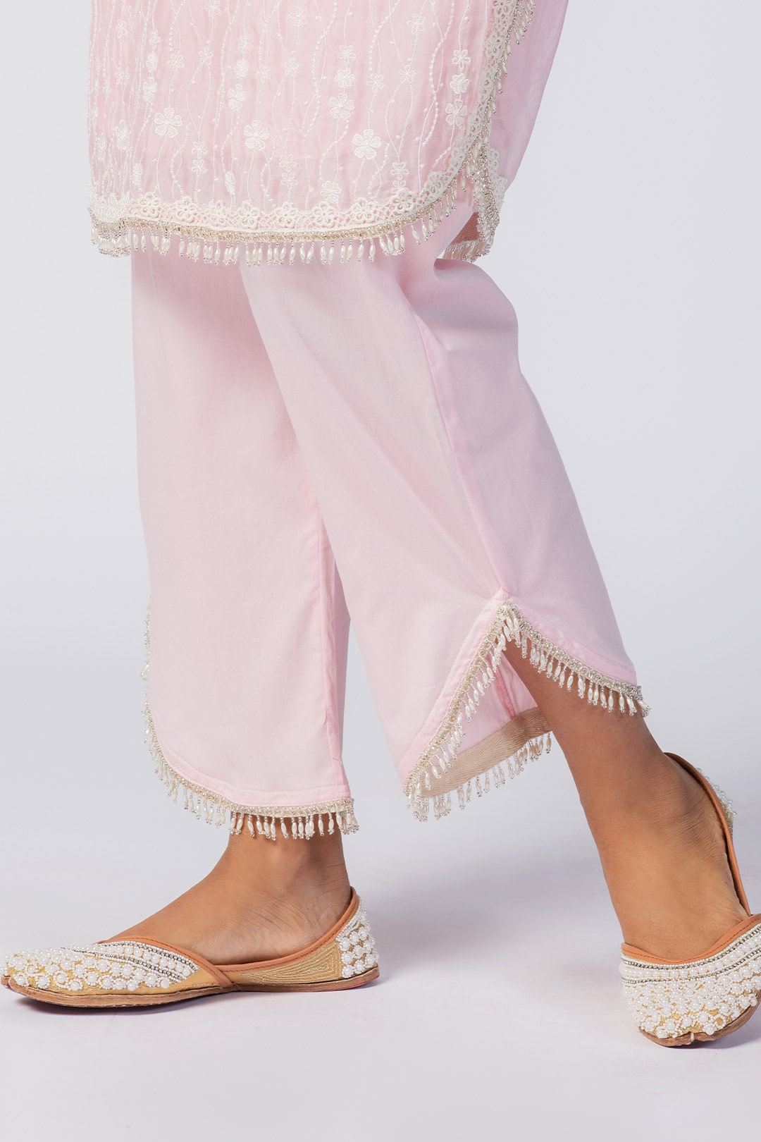 Mulmul Tencel Luxe Organza Freya Pink Kurta With Supima Cotton freya Round Hem Pink Pant