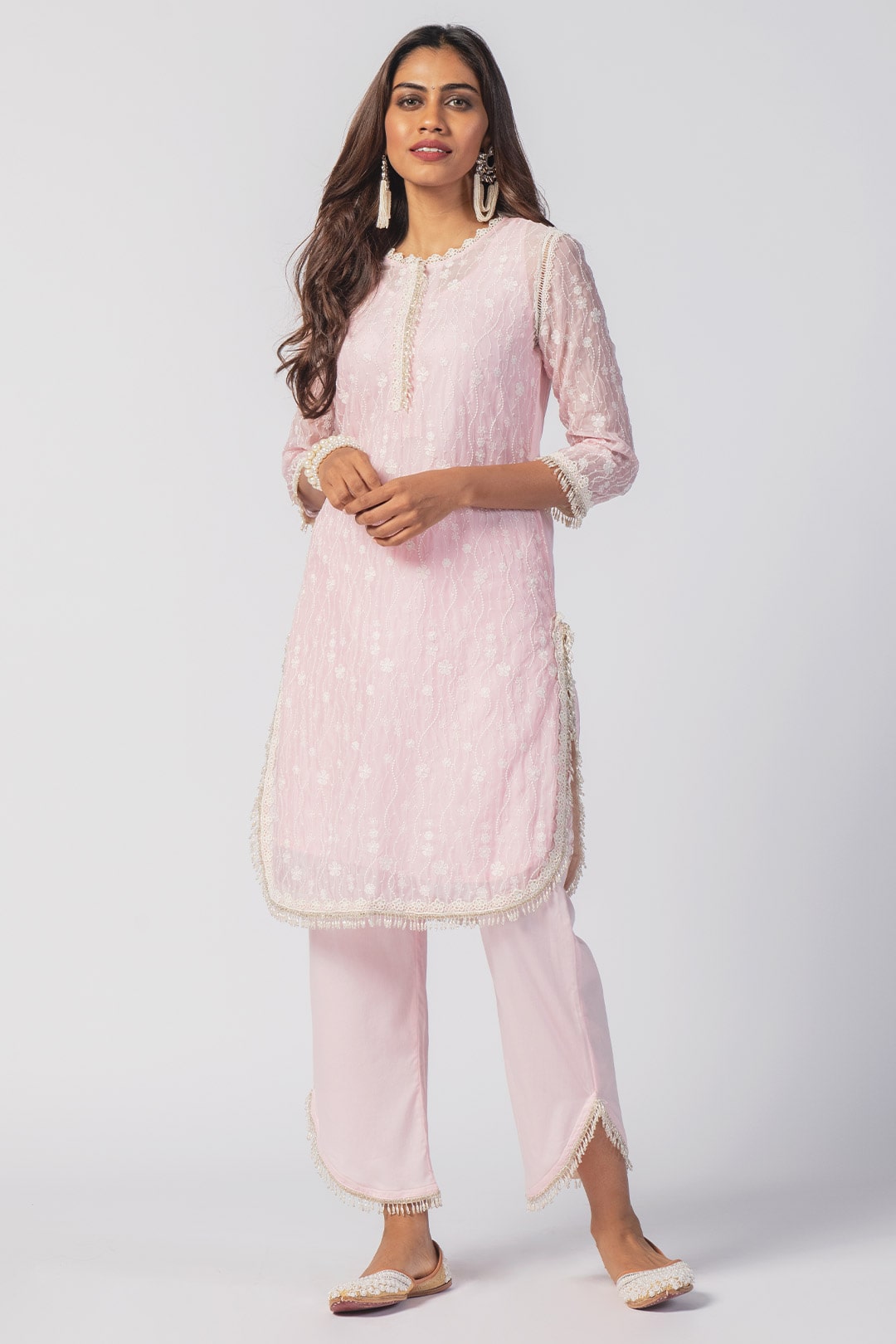 Mulmul Tencel Luxe Organza Freya Pink Kurta With Supima Cotton freya Round Hem Pink Pant