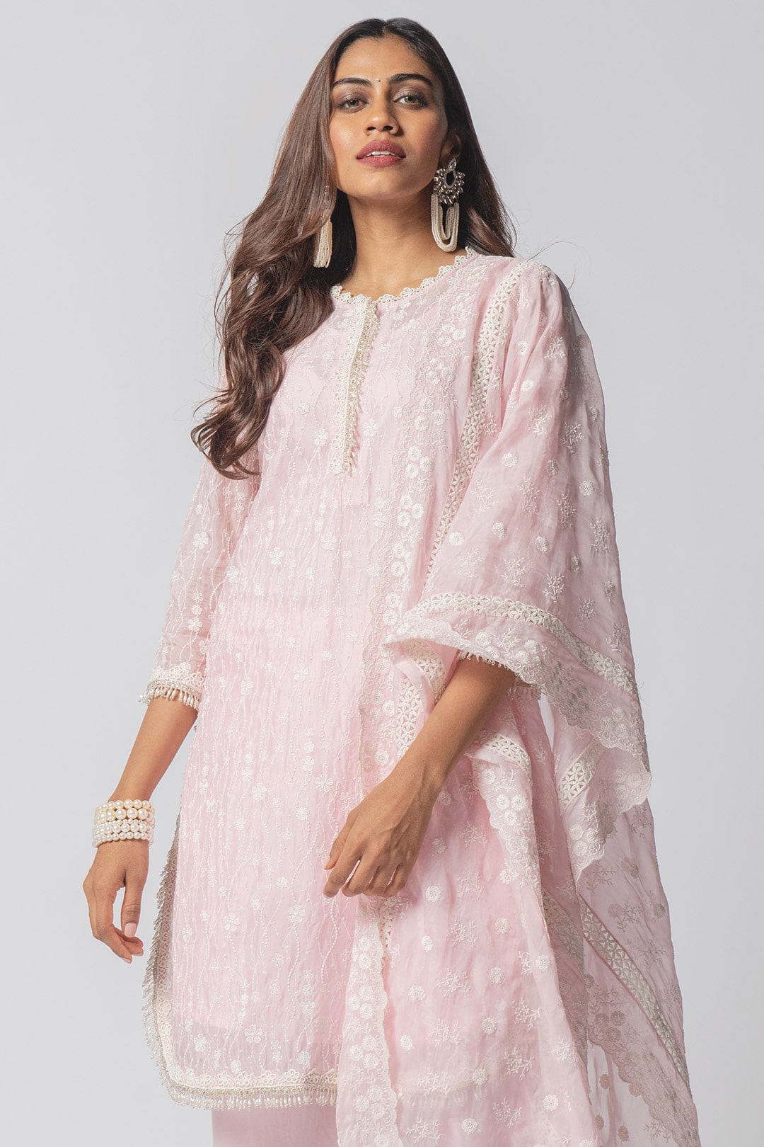 Mulmul Tencel Luxe Organza Freya Pink Kurta With Supima Cotton freya Round Hem Pink Pant