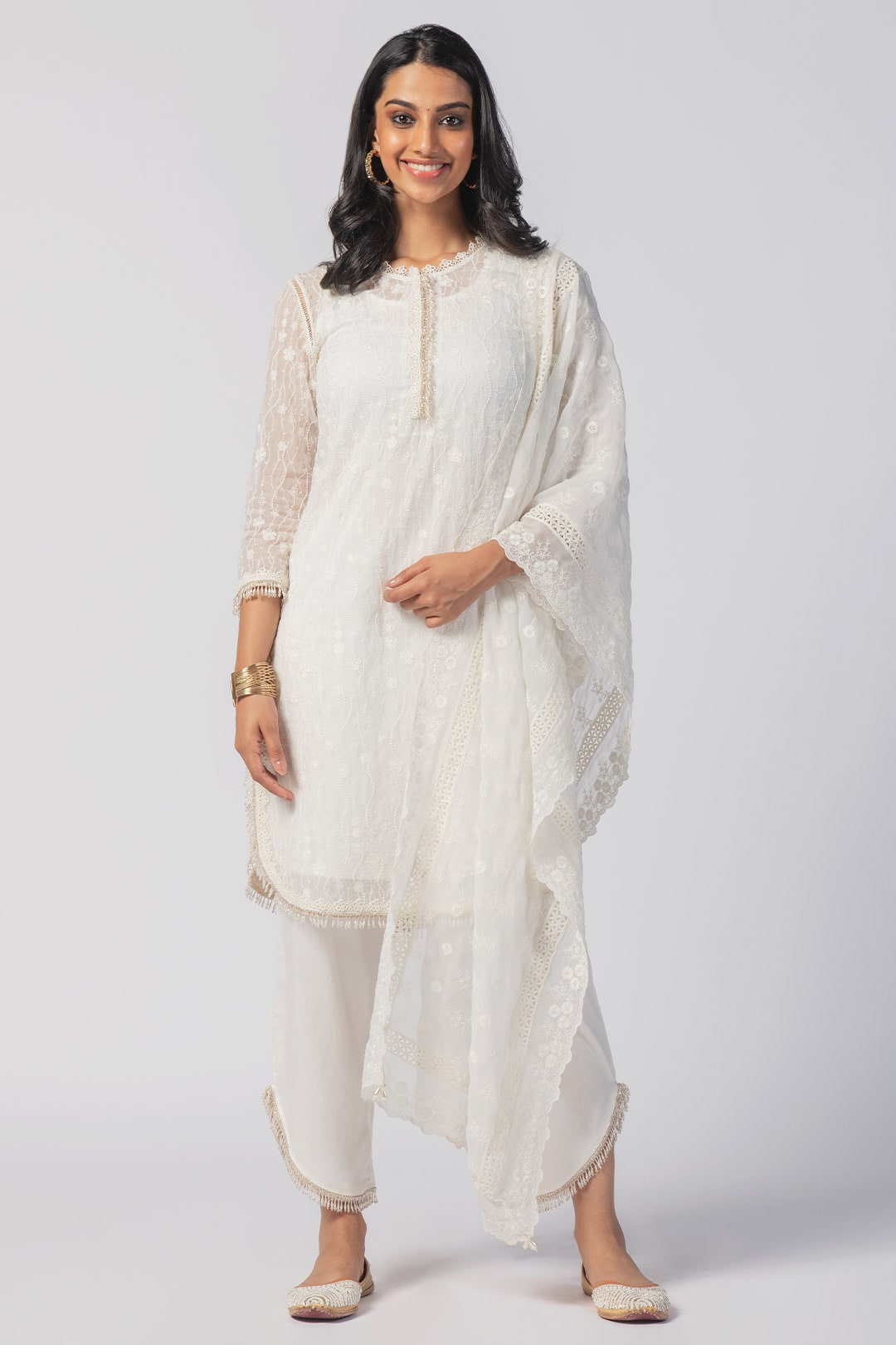 Mulmul Tencel Luxe Organza Freya Off White Kurta With Supima Cotton freya Round Hem Off White Pant