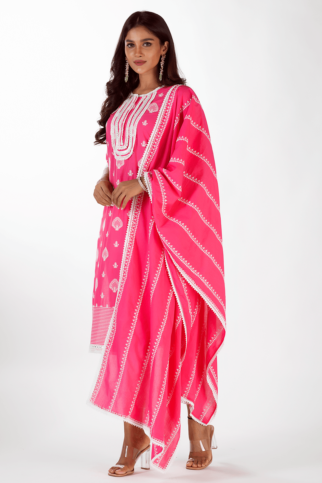 Mulmul Cotton Gene Fuchsia Kurta With Fern Pant White