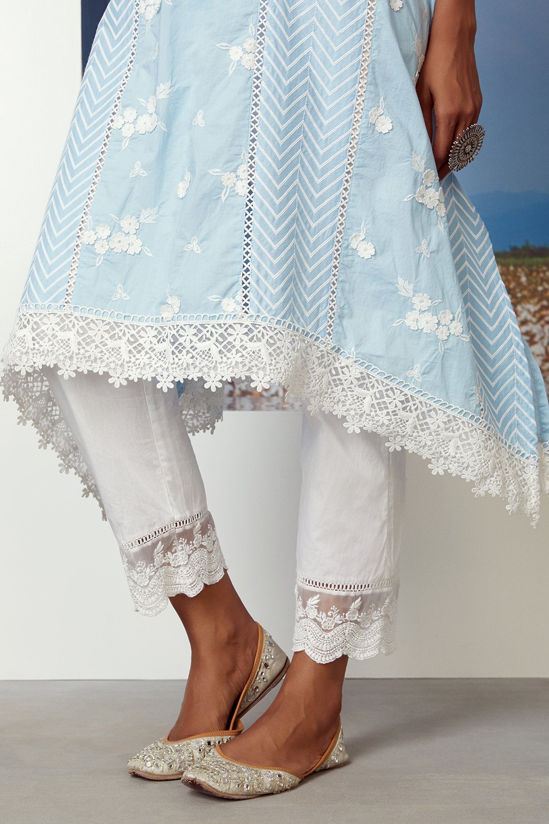 Mulmul Cotton Glory Light Blue Kurta With Floral Organza White Pyajama