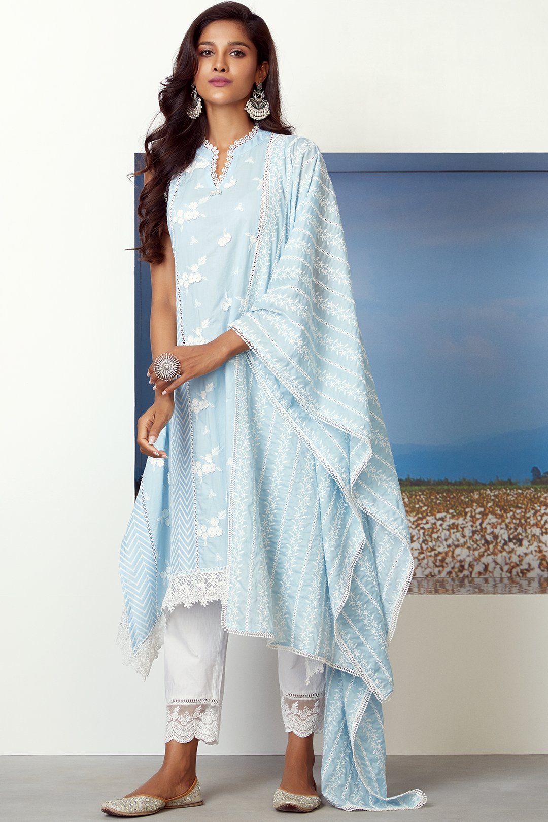 Mulmul Cotton Glory Light Blue Kurta With Floral Organza White Pyajama