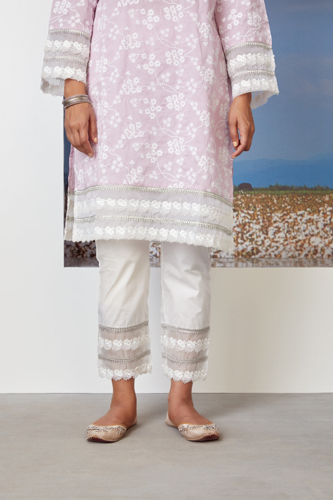 Mulmul Cotton Viva Lilac Kurta With Gota Multi Lace White Pyajama