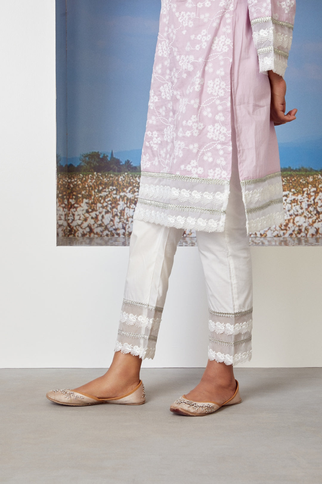 Mulmul Cotton Viva Lilac Kurta With Gota Multi Lace White Pyajama