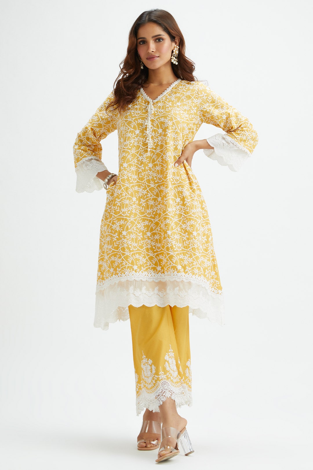 Mulmul Cotton Hummingbird Yellow Kurta With Hummingbird Yellow Pyajama