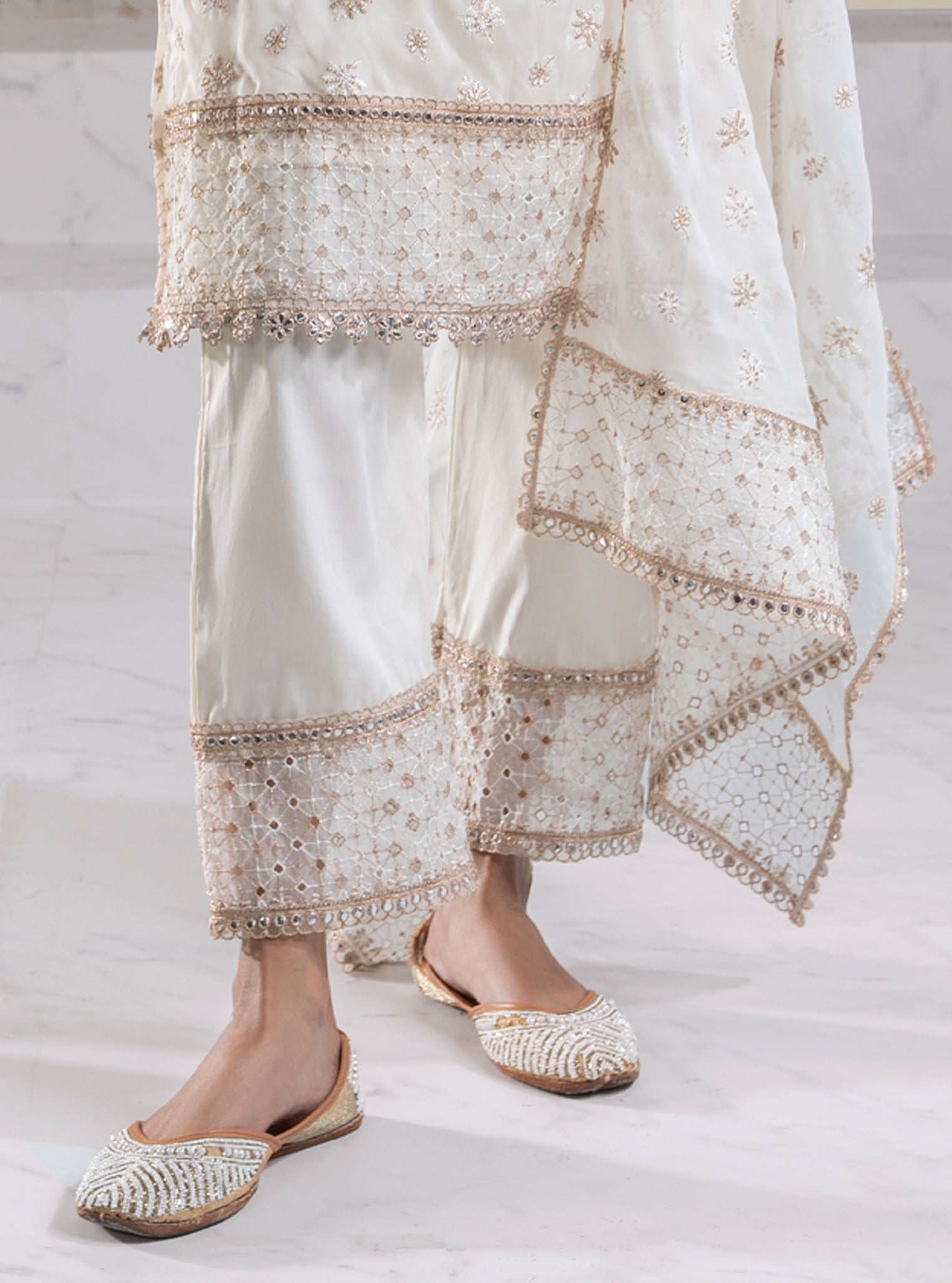 Mulmul Organza Ilahi Off White Kurta With Mulmul Pima Ilahi Off White Pant