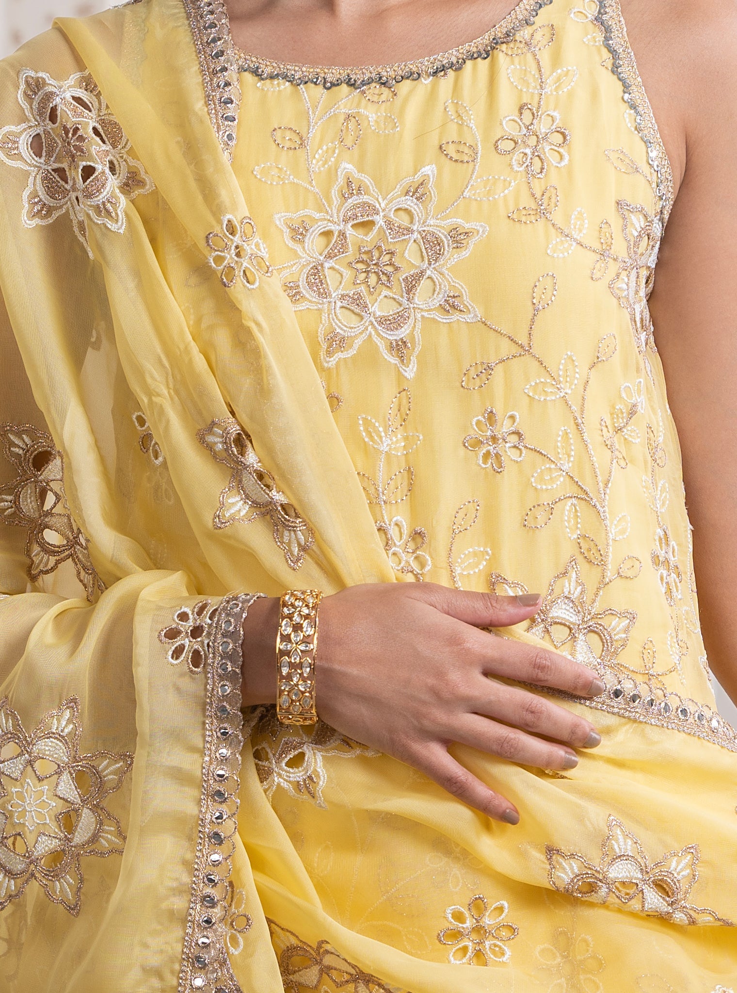 Mulmul Organza Jugni Yellow Kurta With Mulmul Pima Jugni Yellow Pant