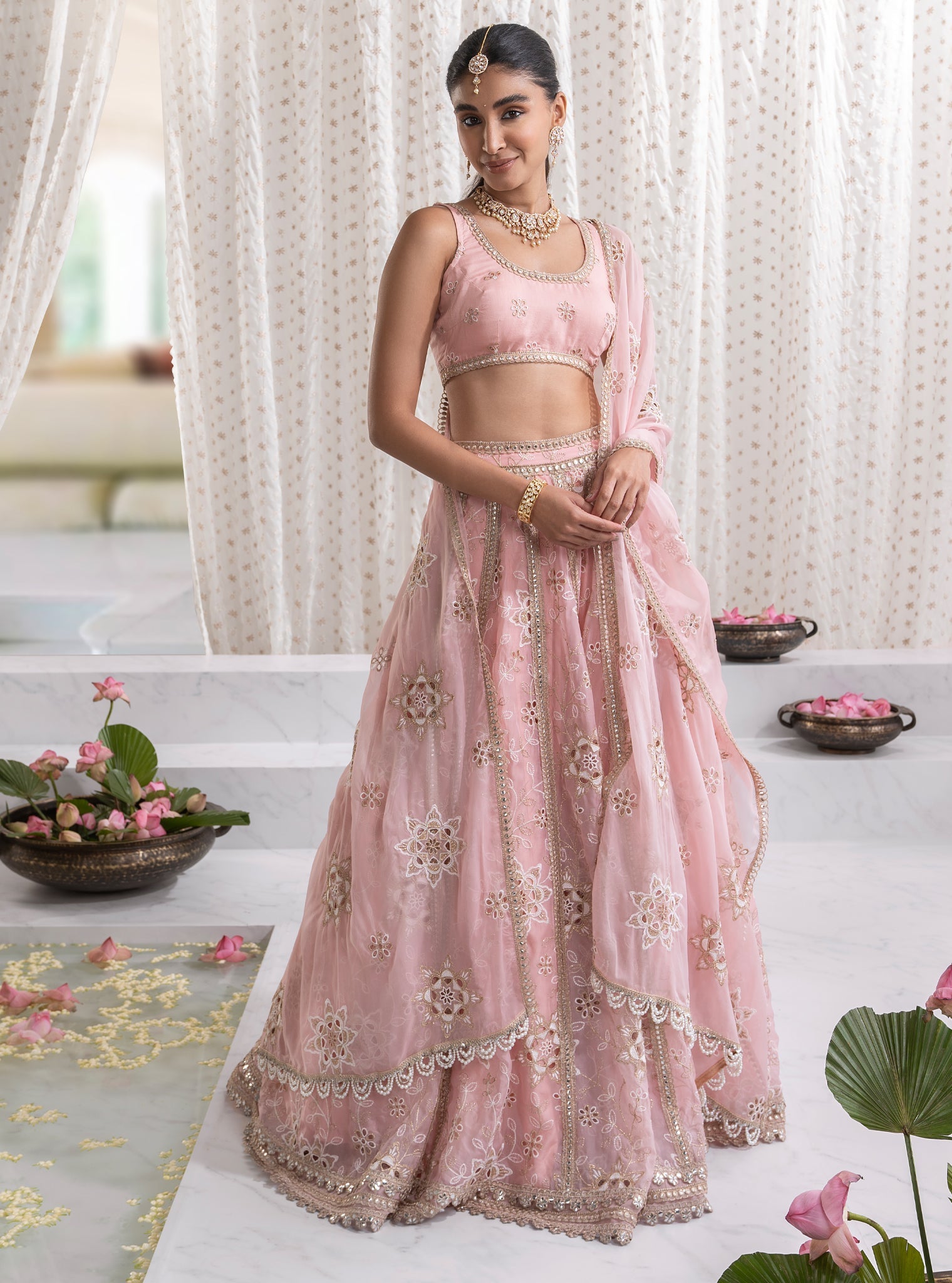 Mulmul Organza Kamali Pink Lehenga