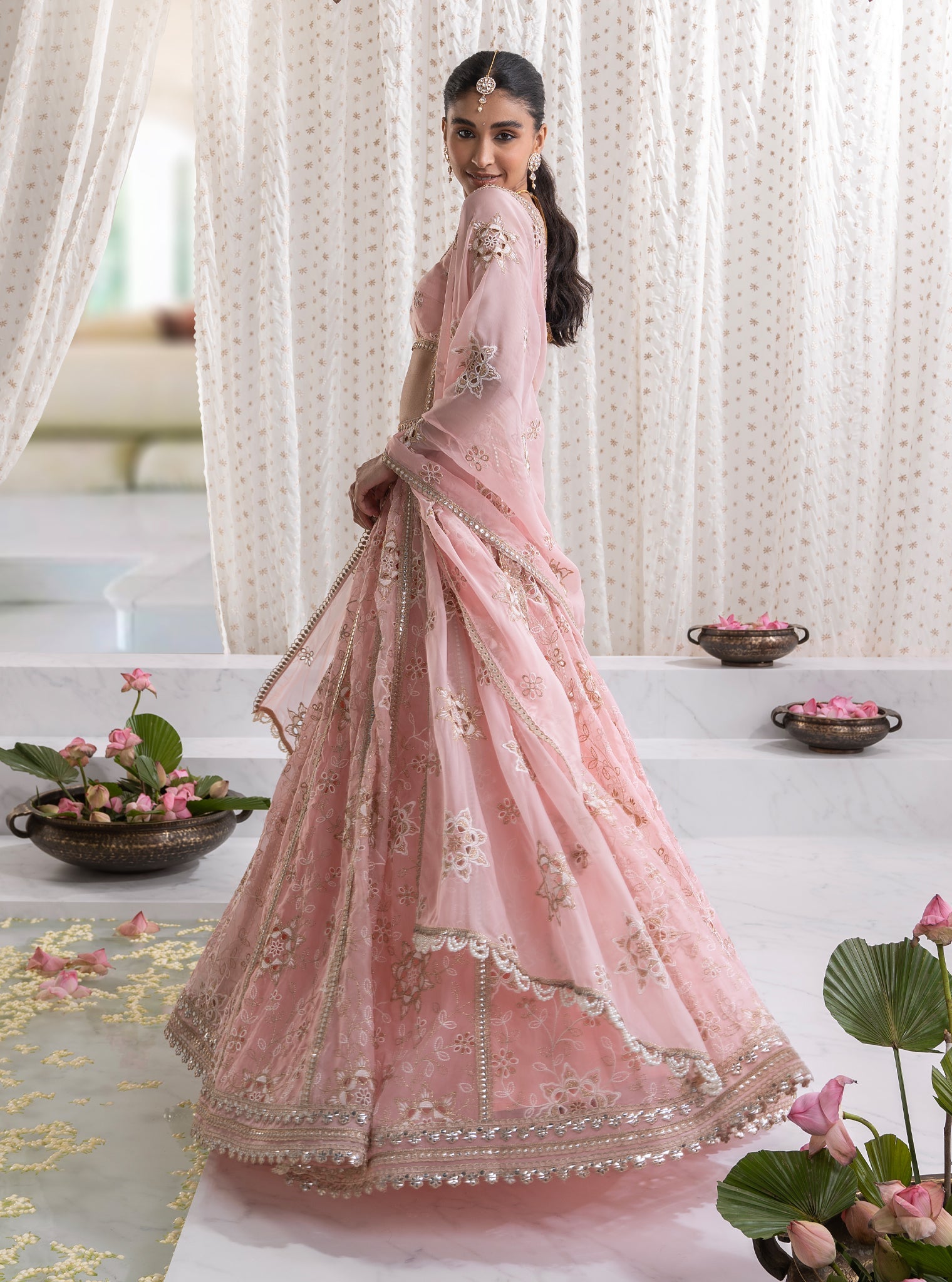 Mulmul Organza Kamali Pink Lehenga