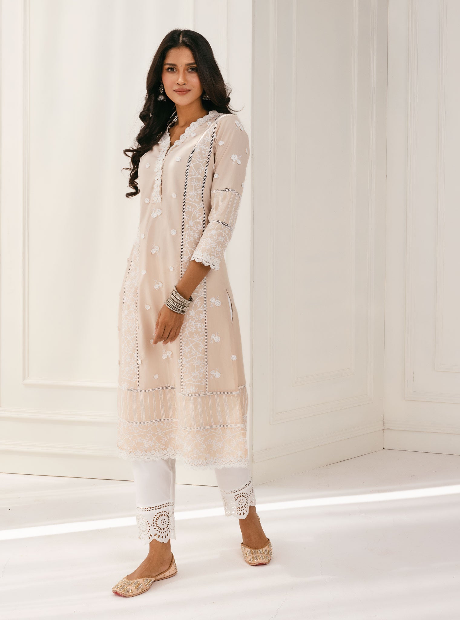 Mulmul Cotton Kaza beige Kurta With Eyelet White Pant