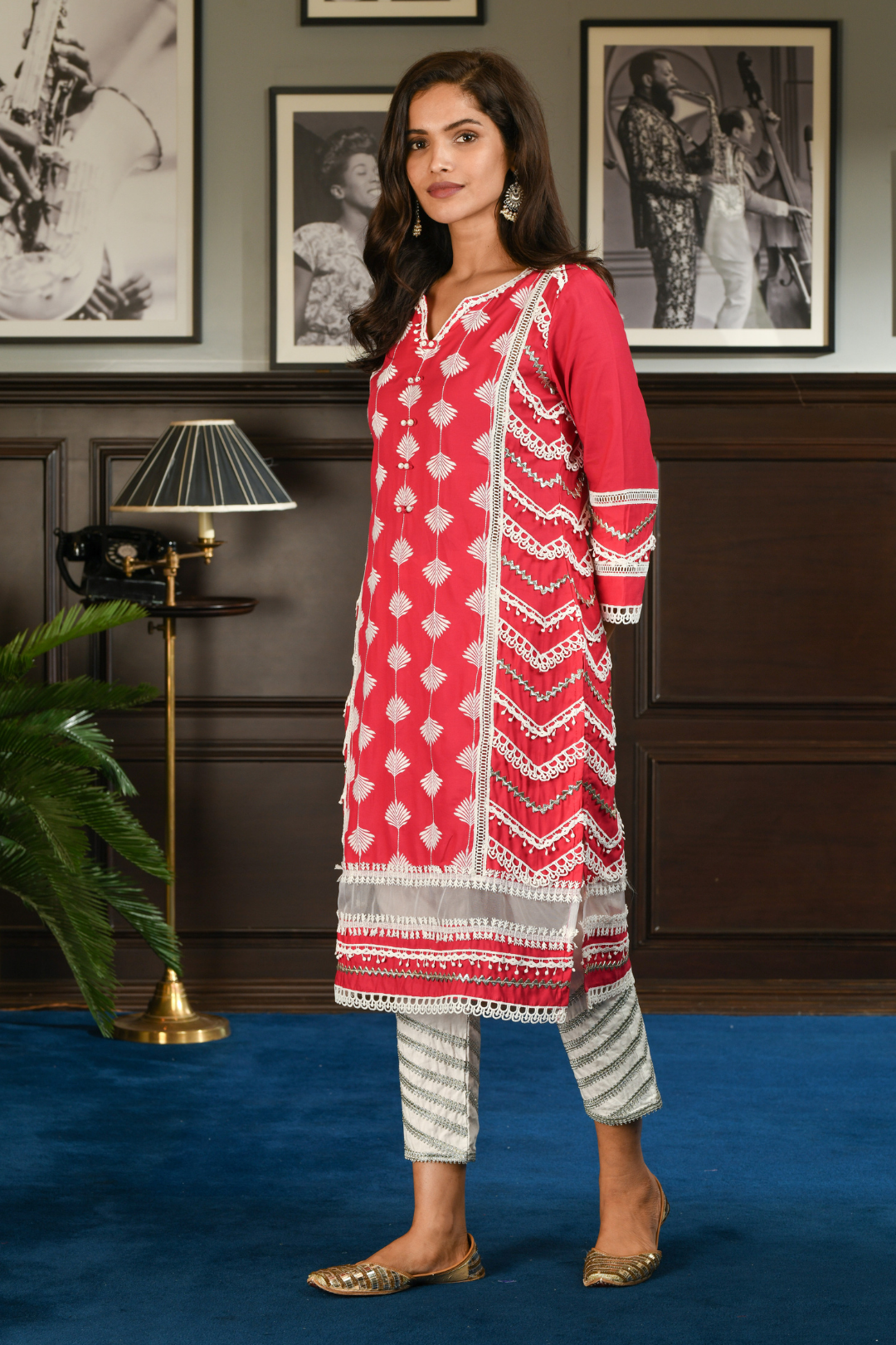 Pima Satin Keiko Kurta With Gota Daigonal Pyajama