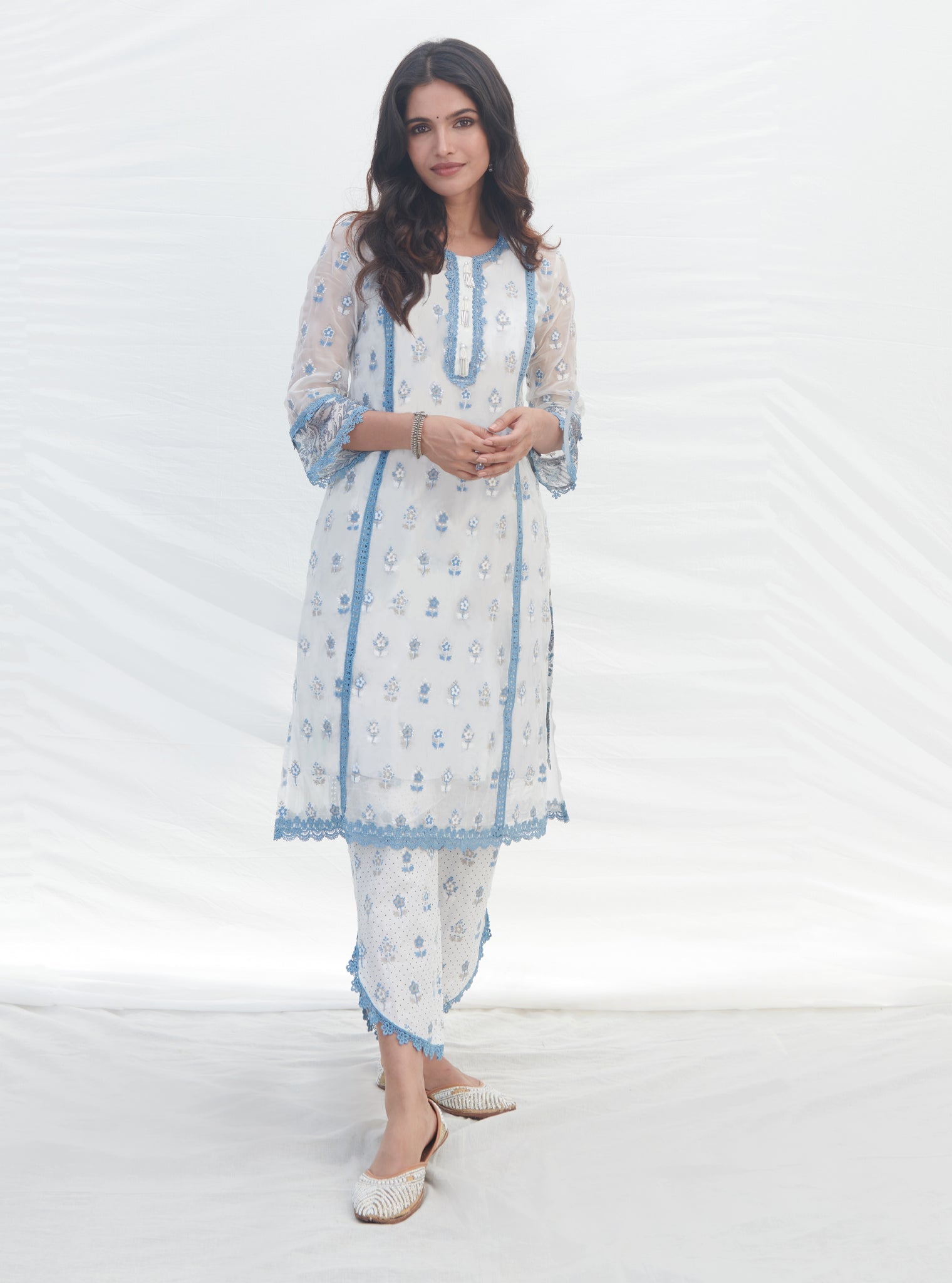 Mulmul Organza Laine Blue Kurta With Mulmul Cotton Laine Blue Pant