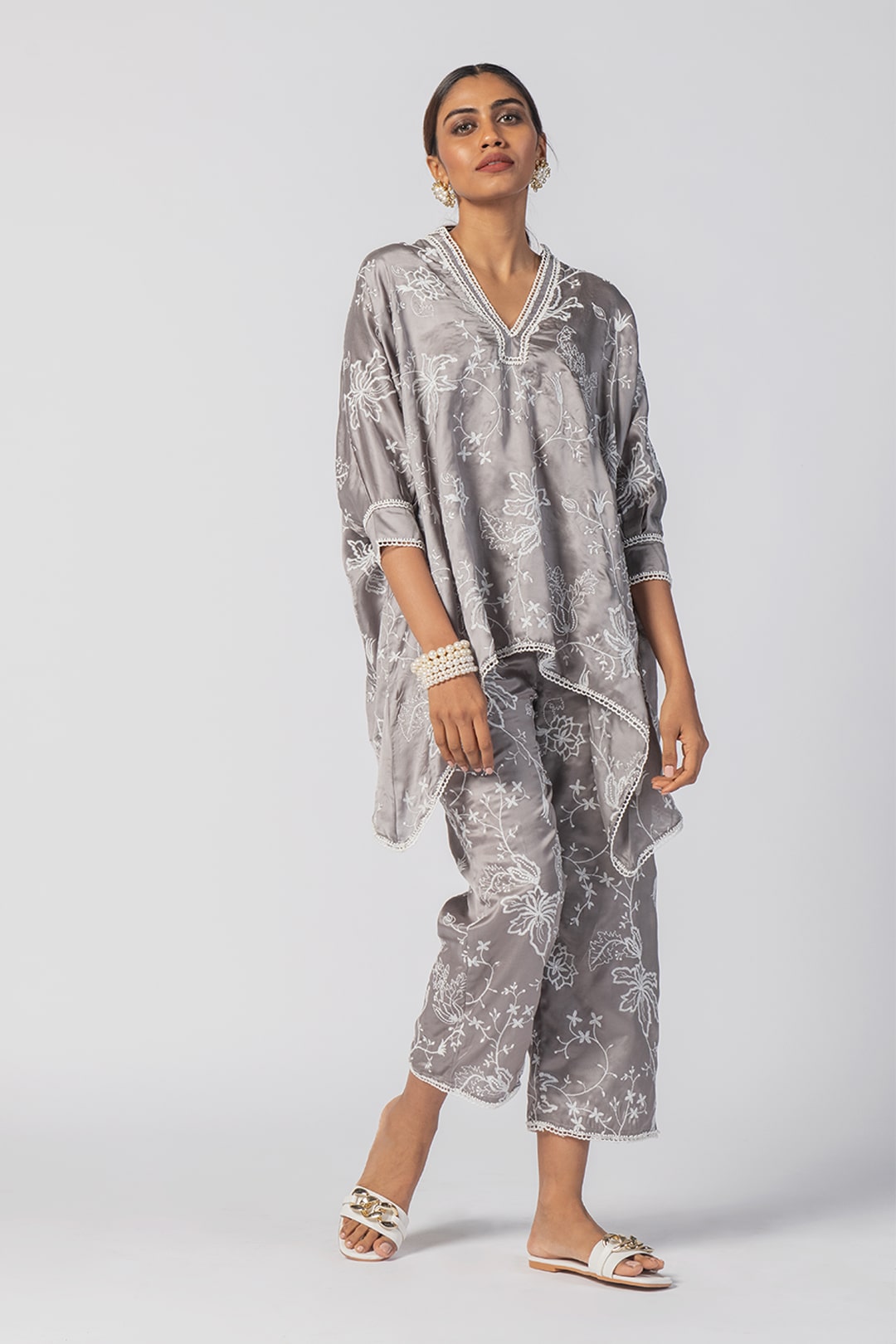 Mulmul Cupro Lonain Grey Top With Lonain Grey Pant Co-Ord Set