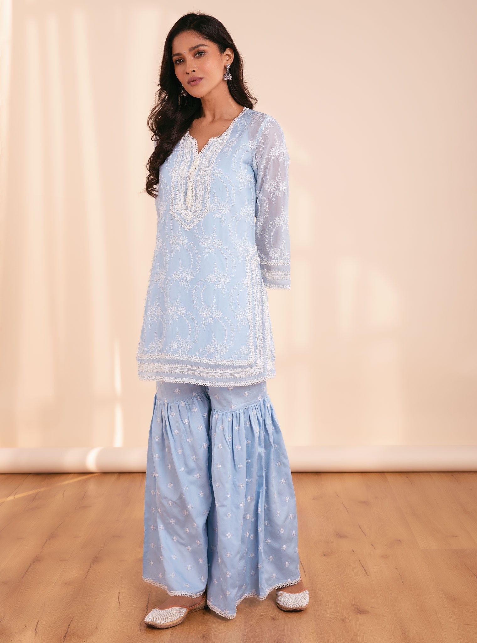 Mulmul Organza Luna Blue Kurta With Supima Cotton Luna Blue Garara