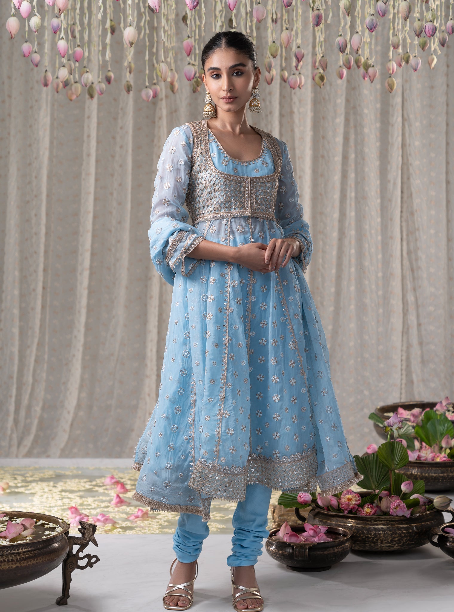 Mulmul Organza Malang Anarkali Blue Kurta With Jacket With Mulmul Pima Malang Blue Churidar Pant