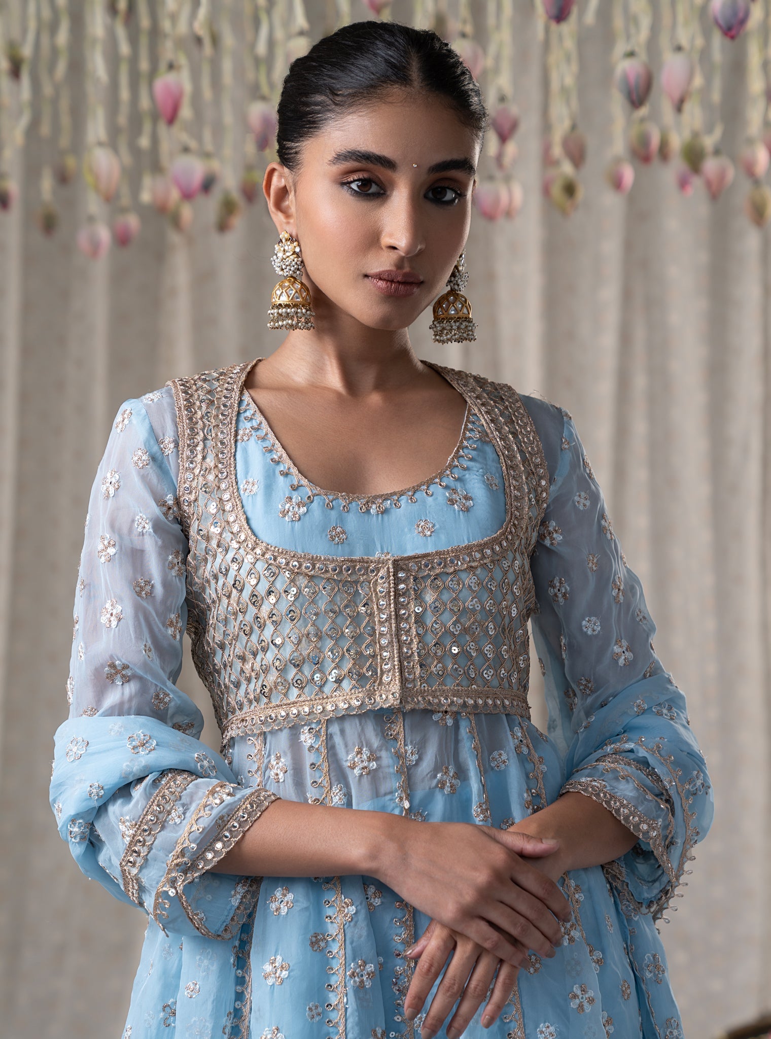 Mulmul Organza Malang Anarkali Blue Kurta With Jacket With Mulmul Pima Malang Blue Churidar Pant