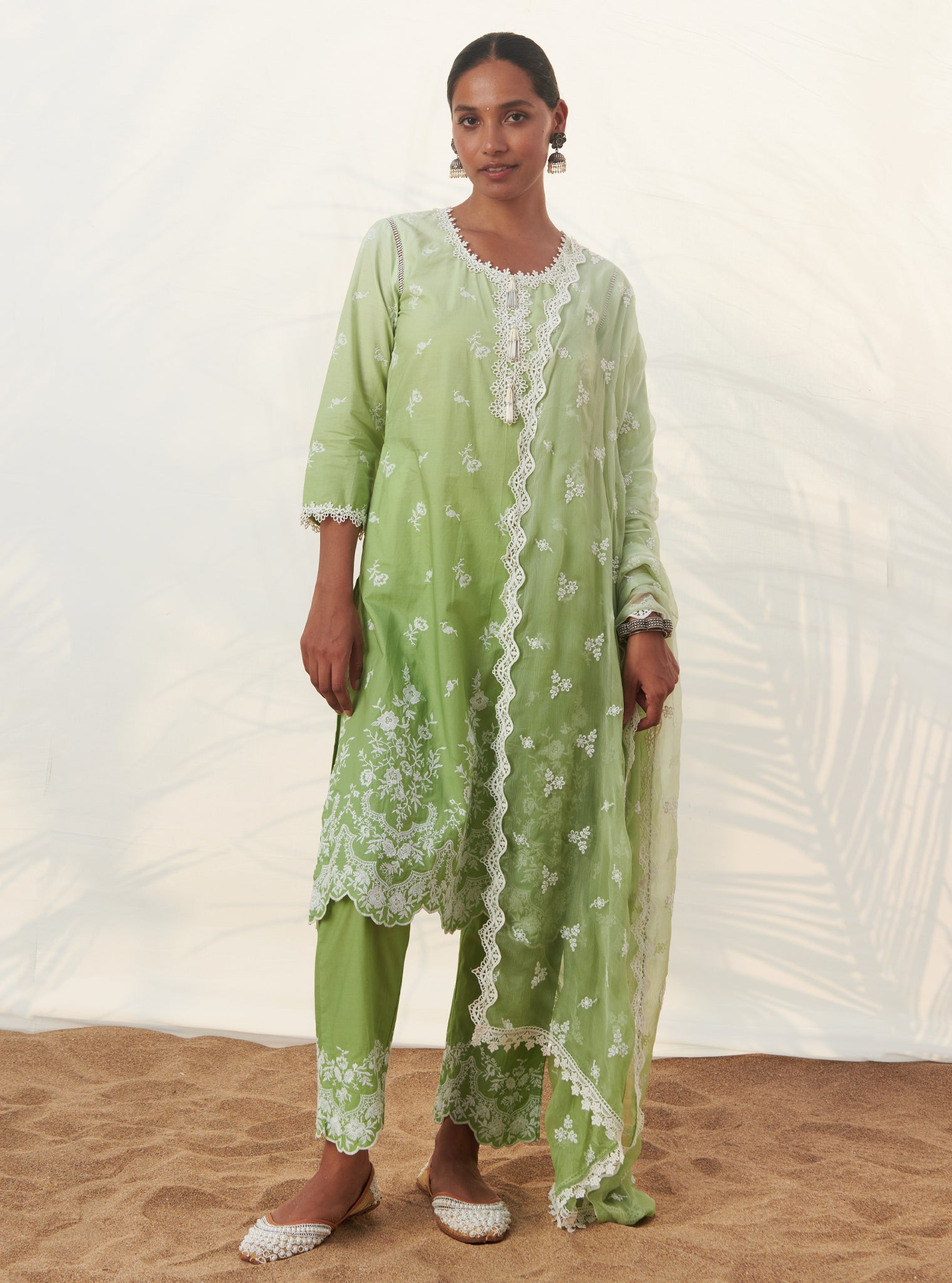 Mulmul Cotton Mandre Green Kurta With Mandre Green Pant