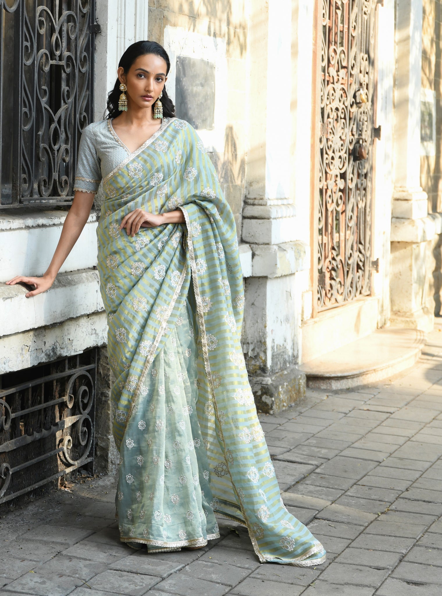 Mulmul Banarsi Luxe Tissue Mangni Light Blue Saree