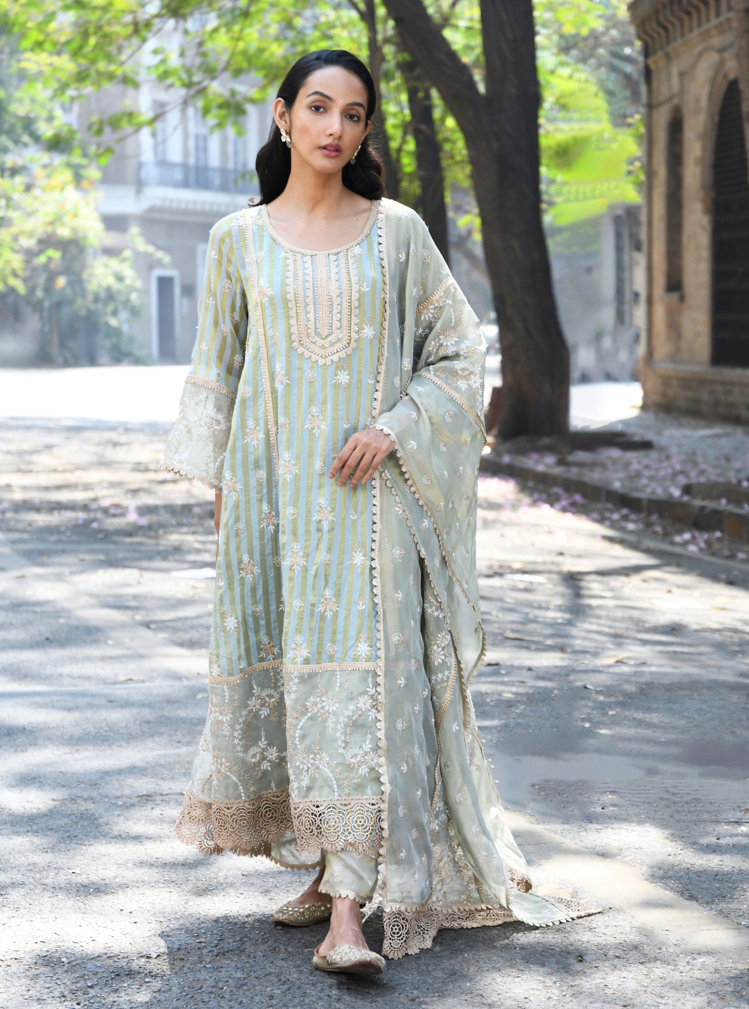 Mulmul Banarsi Kesar Light Blue Anarkali Kurta With Mulmul Banarsi Kesar Light Blue Pant