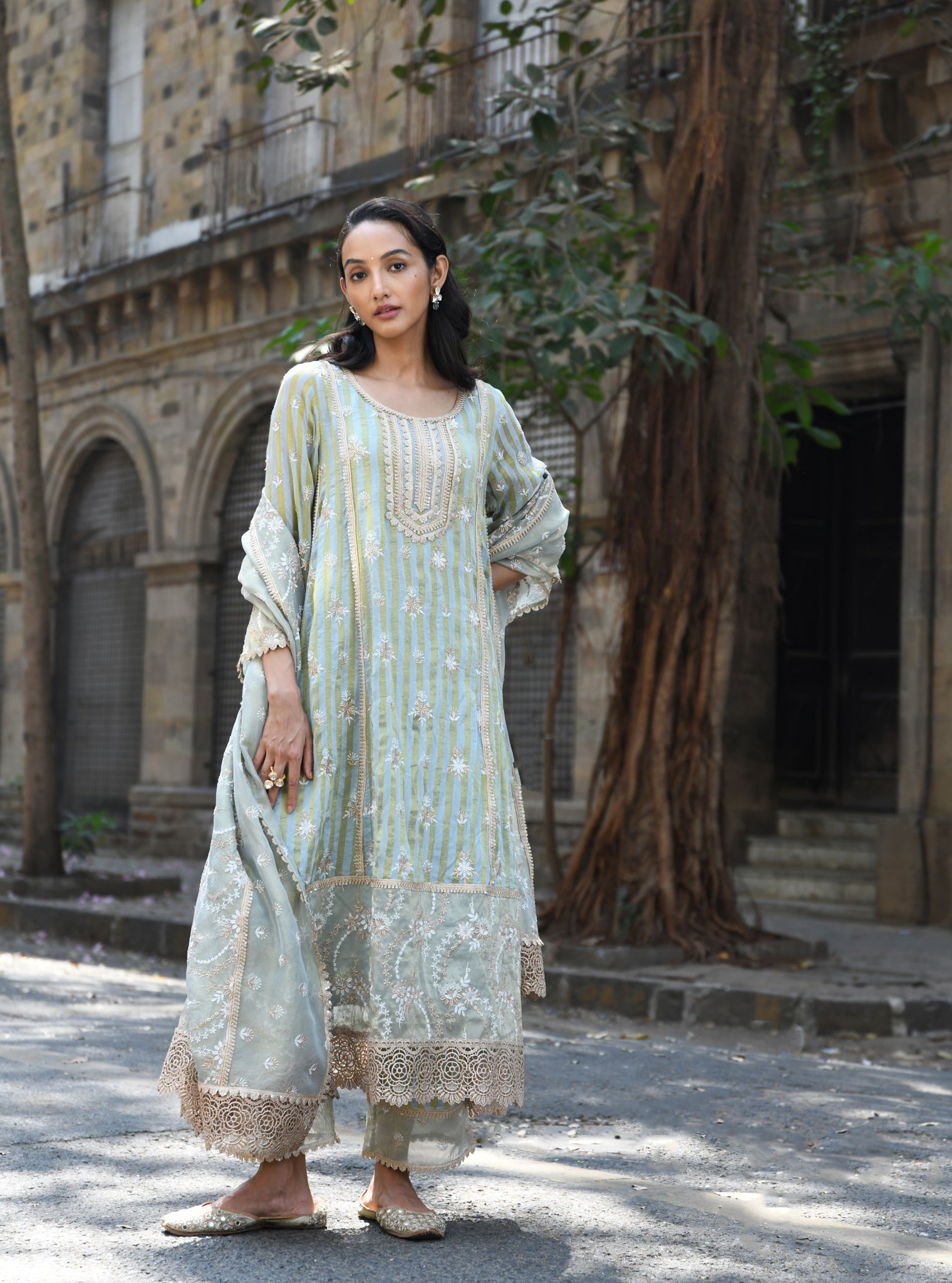 Mulmul Banarsi Kesar Light Blue Anarkali Kurta With Mulmul Banarsi Kesar Light Blue Pant