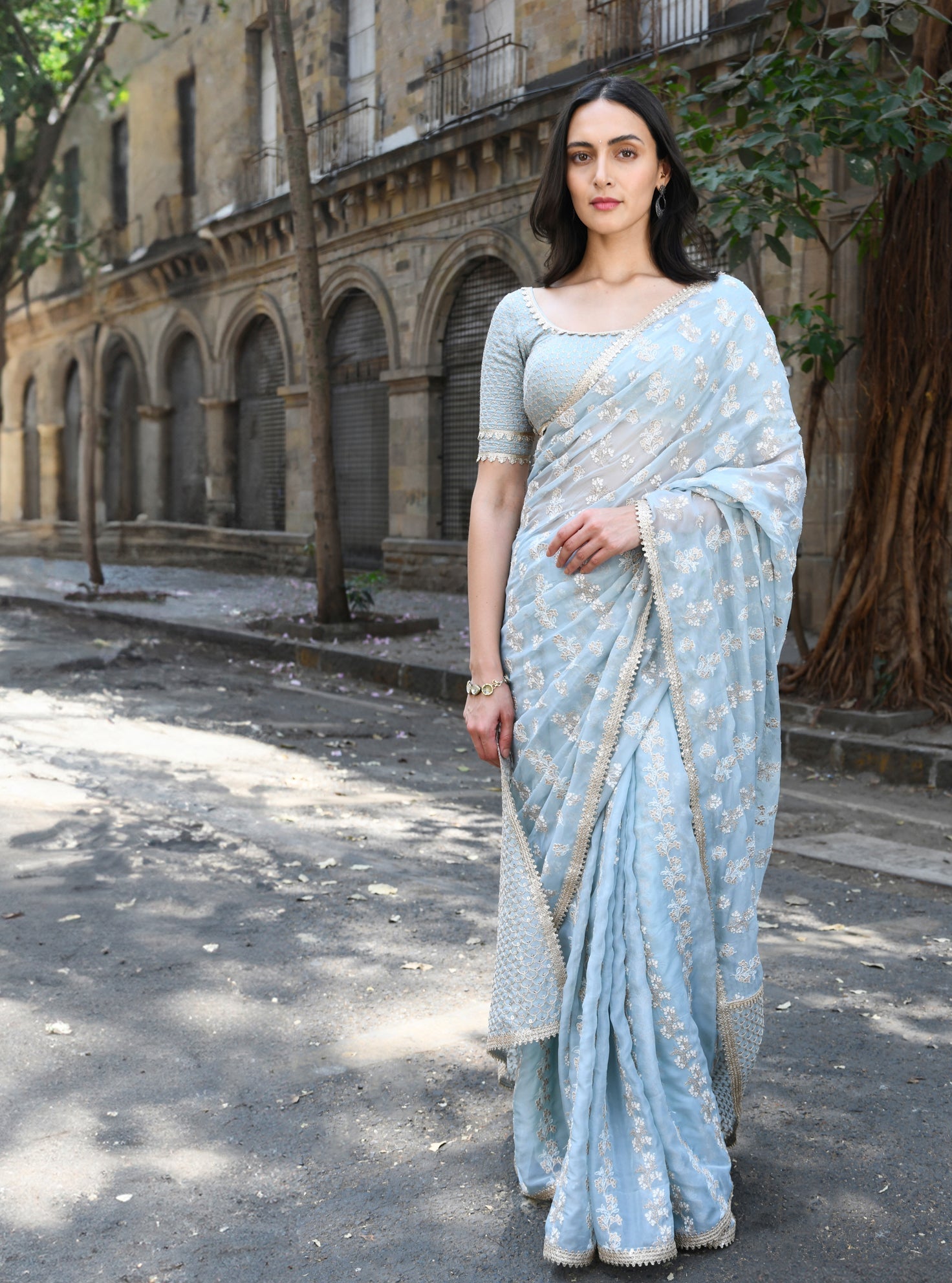 Mulmul Organza Saroli Light Blue Saree