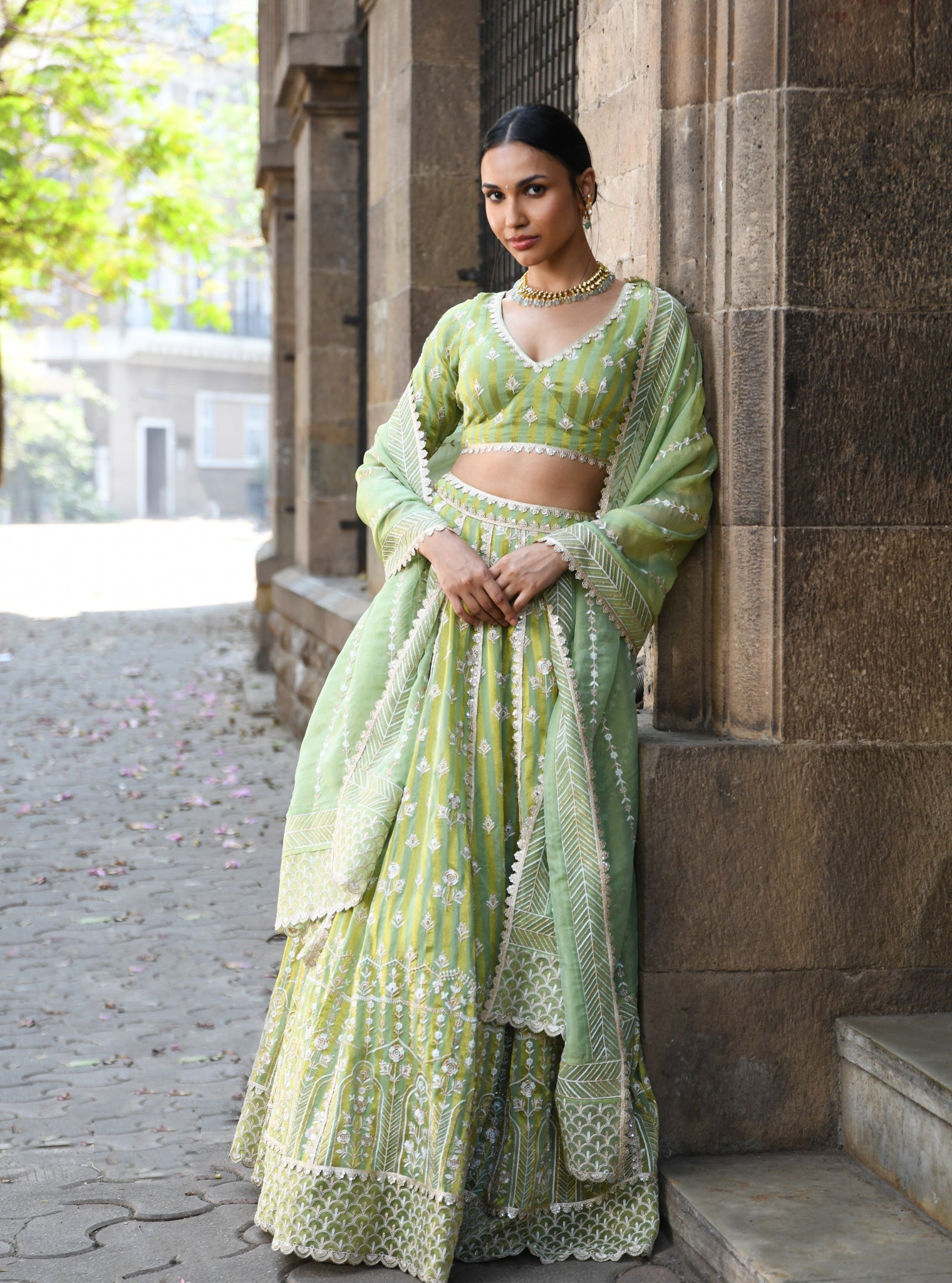 Mulmul Banarsi Sindhuri Green Lehenga