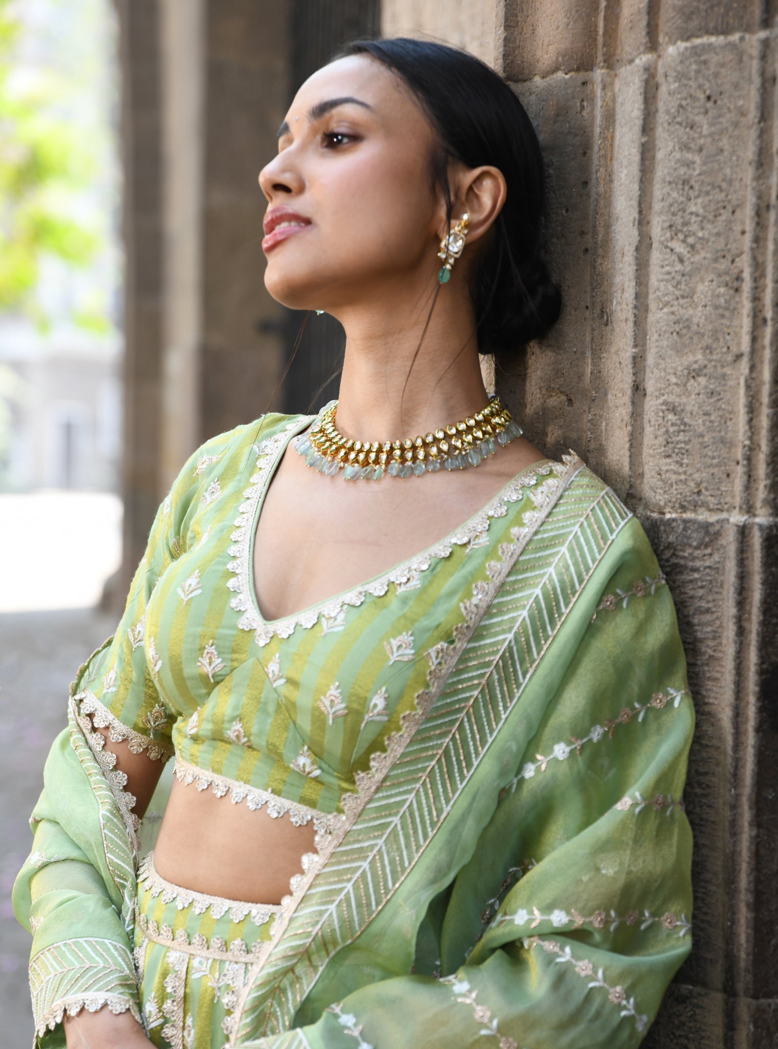 Mulmul Banarsi Sindhuri Green Lehenga