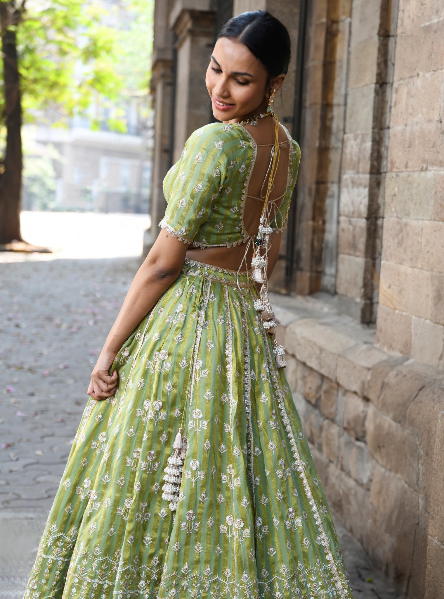 Mulmul Banarsi Sindhuri Green Lehenga