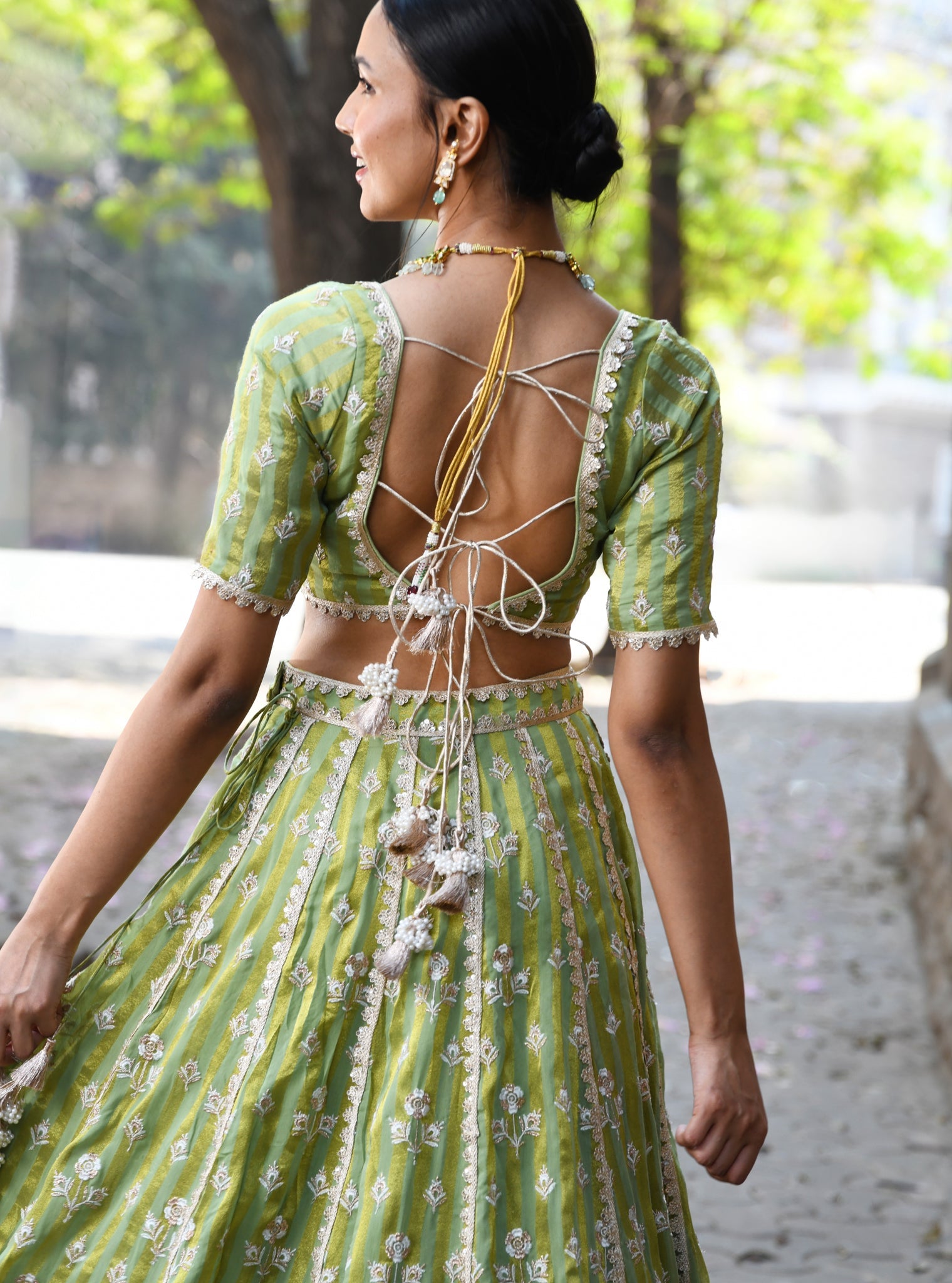 Mulmul Banarsi Sindhuri Green Lehenga