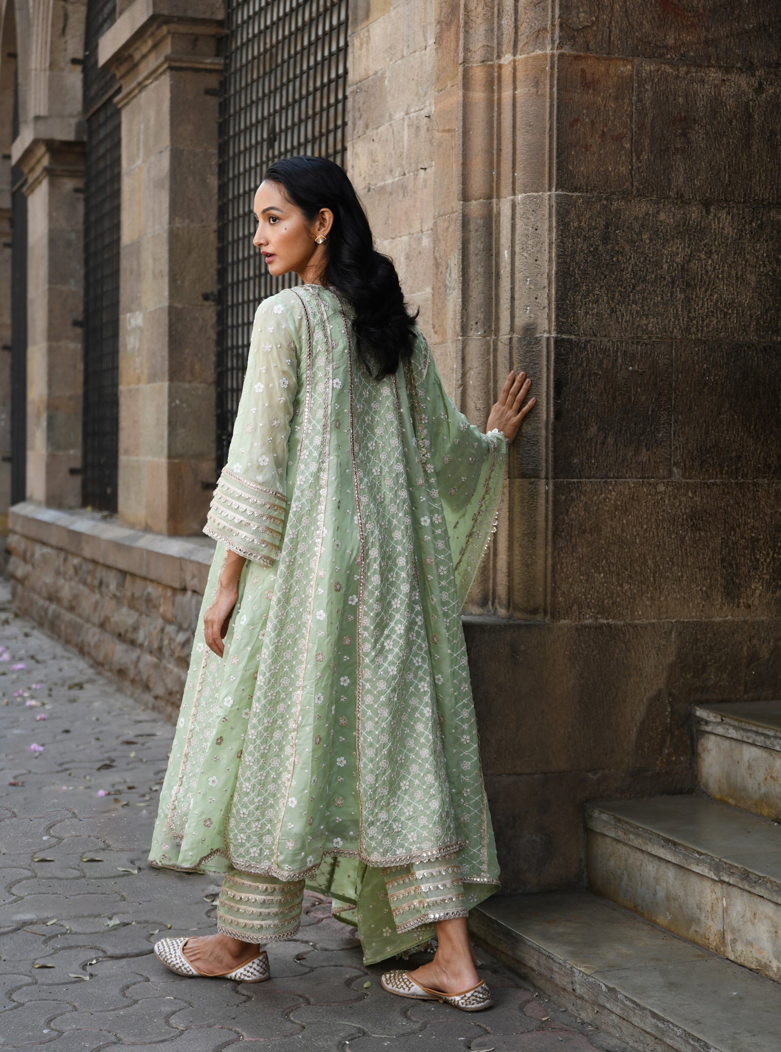 Mulmul Organza Palmer Green Anarkali Kurta With Mulmul Pima Palmer Green Pant