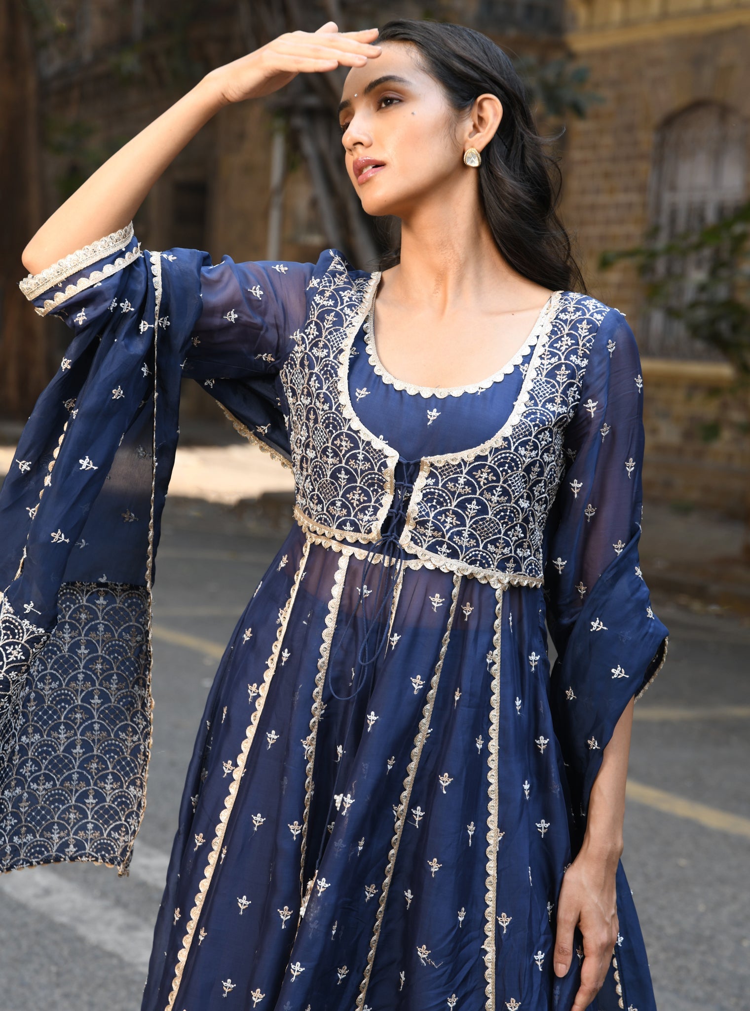 Mulmul Organza Sheri Navy Anarkali Kurta With Mulmul Organza Sheri Navy Sharara