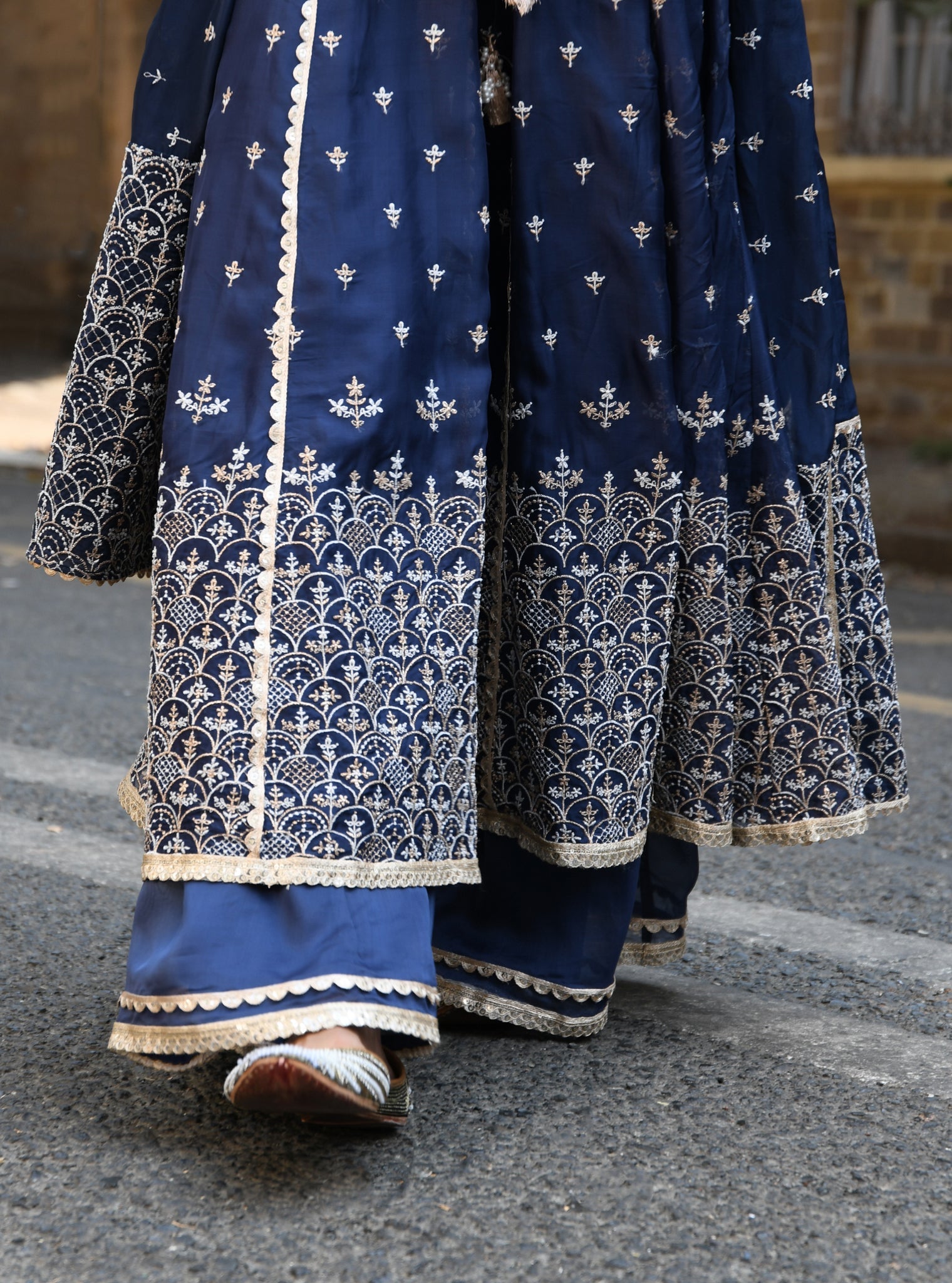 Mulmul Organza Sheri Navy Anarkali Kurta With Mulmul Organza Sheri Navy Sharara