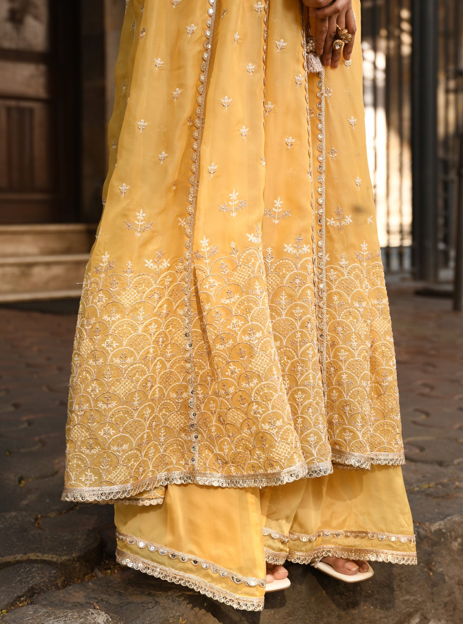 Mulmul Organza Sheri Yellow Anarkali Kurta With Mulmul Organza Sheri Yellow Sharara