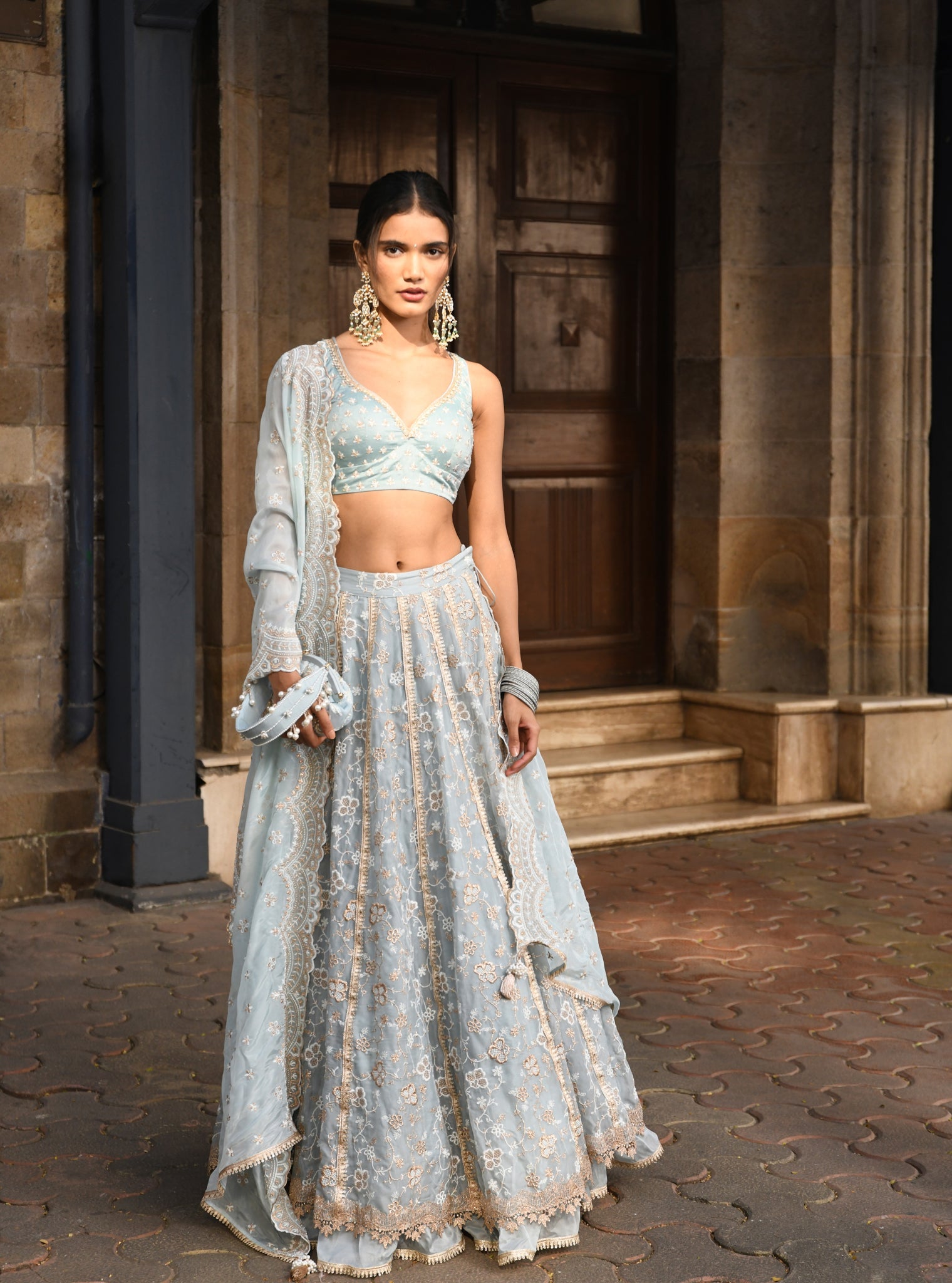 Mulmul Organza Bimli Light Blue Lehenga With Mulmul Luxe Silk Bimli Light Blue Dupatta